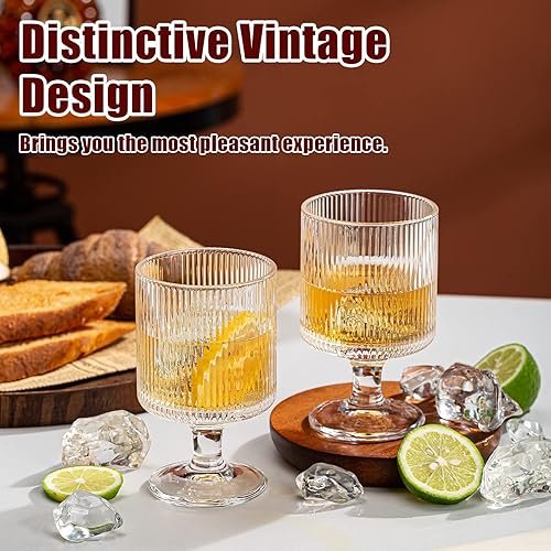 Miniatura 4 de Juego de 12 copas de vino vintage, copas de agua de vidrio estilo origami de 8 onzas, copas de cóctel con tallo con patrón único en relieve, copas