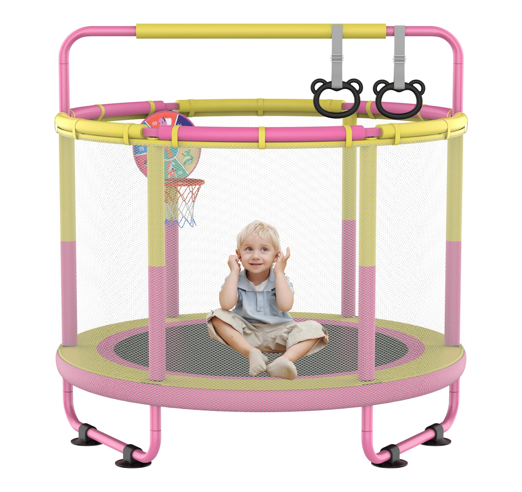 CZCPAPY Trampoline Enfant Intérieur/Extérieur – Avec Filet De Sécurité, Barre De Soutien, Balançoire & Panier – Cadeau Idéal Pour Enfants, Capacité 50 Kg