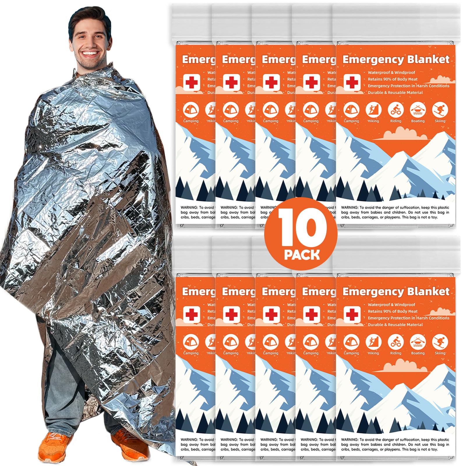 Paquete de 10 mantas térmicas de supervivencia de emergencia, mantas de Mylar para exteriores, manta espacial, manta de lámina plateada, kit de supervivencia, manta de camping, manta