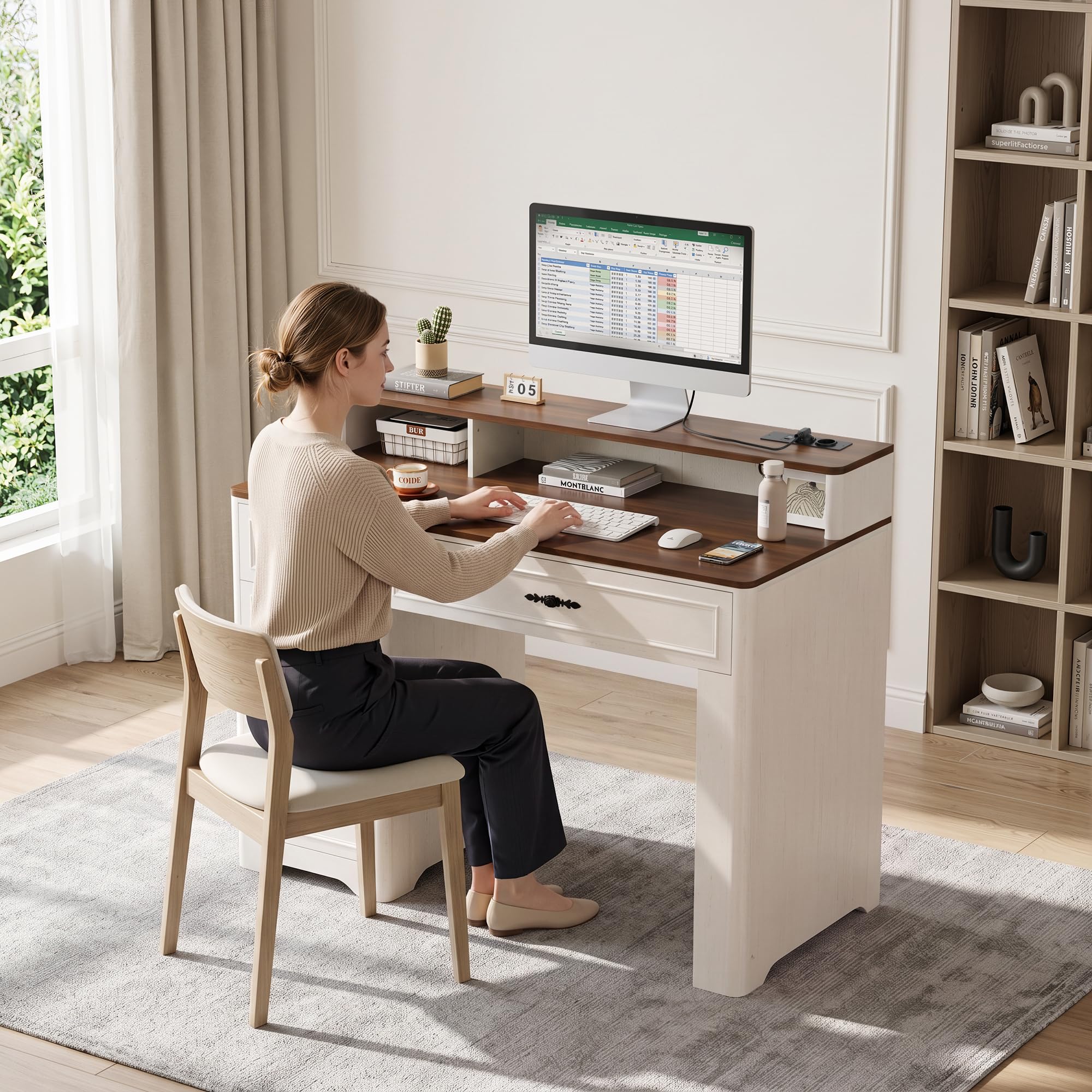 BonVache Schreibtisch Holz Mit Schubladen im Landhausstil 110cm mit A4 Akten-Schublade und Integrierter Ladesteckdose