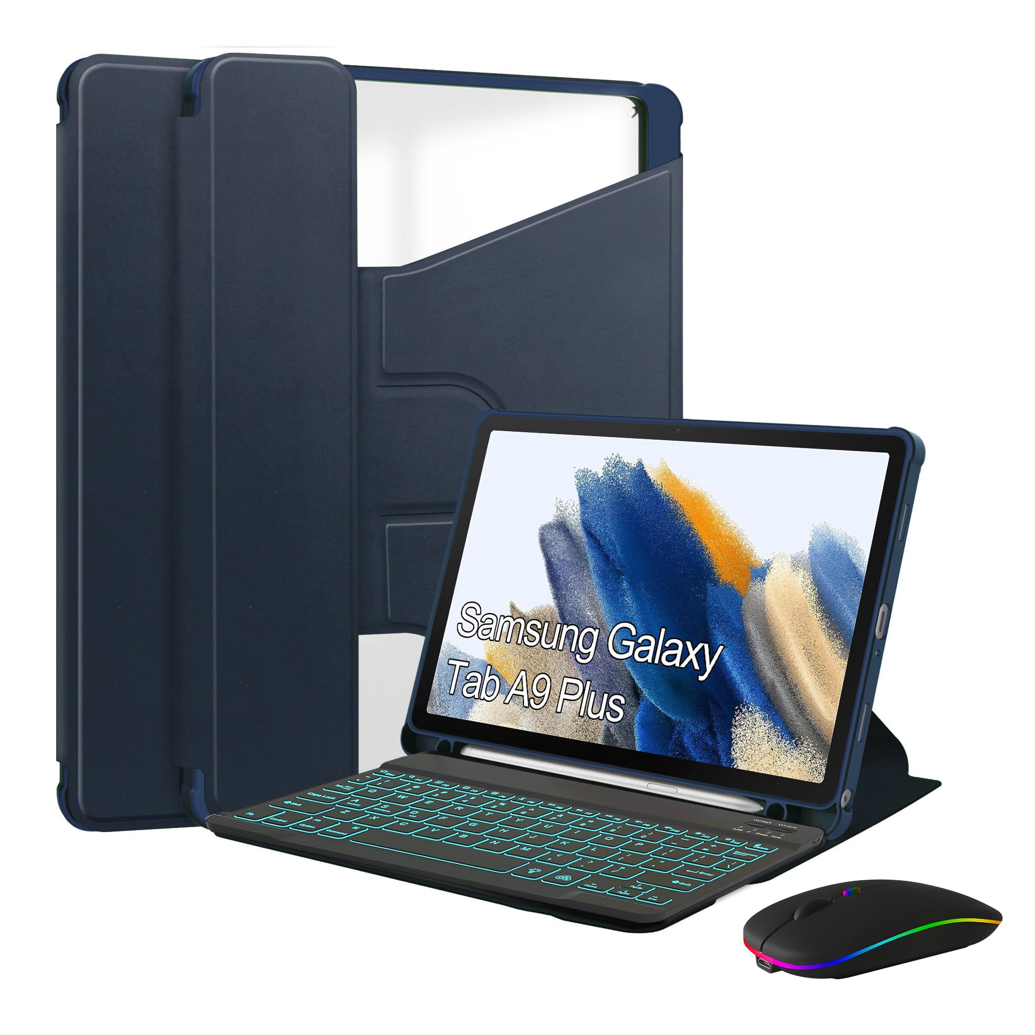Keyboard Case for Samsung Galaxy Tab A9 Plus 11 Inch 2023-7 Color Backlit, 360° Rotating Cover with Detachable Wireless Bluetooth Keyboard,Navy