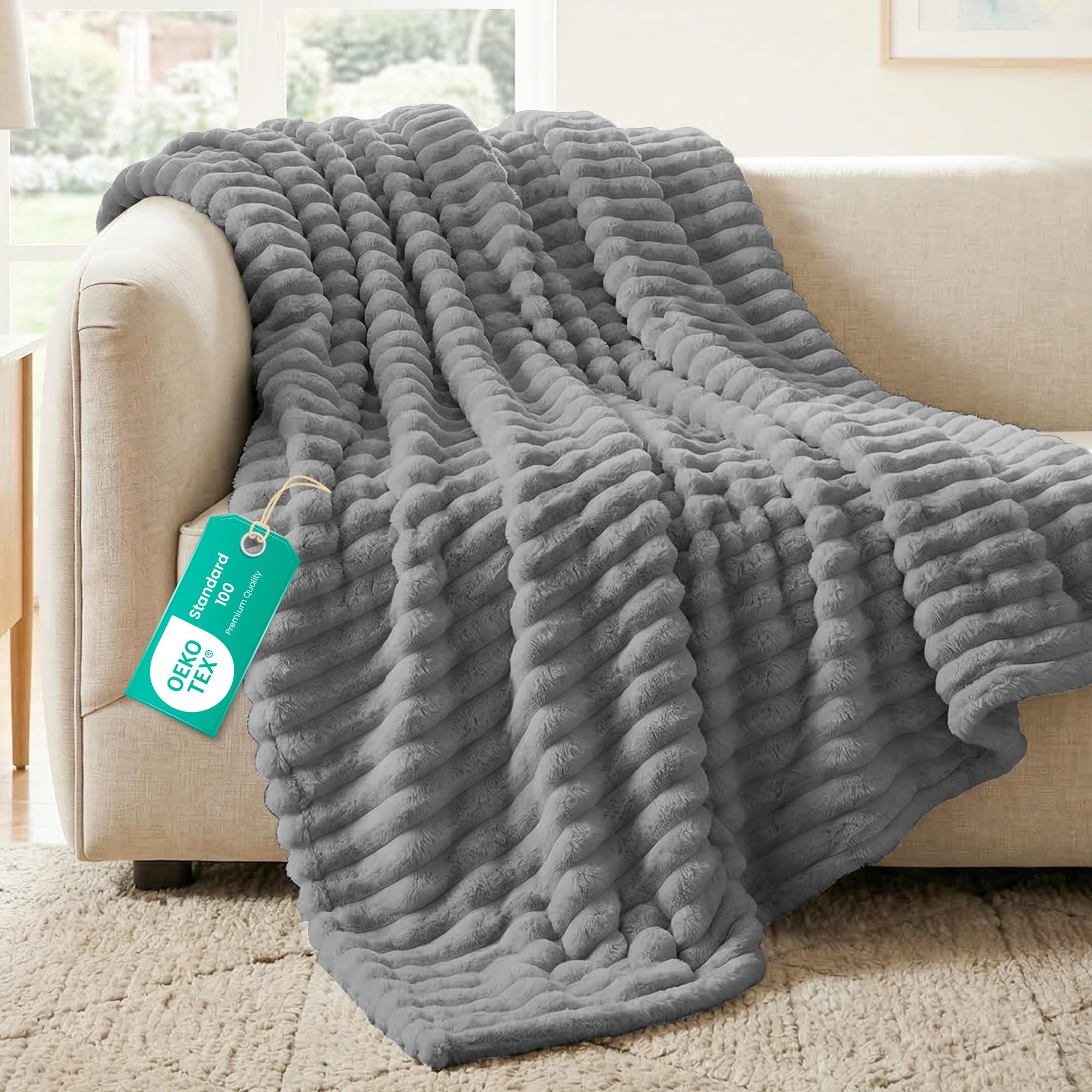 Sunshine Comforts Fleece Stripe Throw Blanket For Sofa - 100% Polyester Soft Cosy Warm Blankets For Bed, Light Warm Soft Cute Throw For Women and Girls - Silver Grey, King (200X240CM)