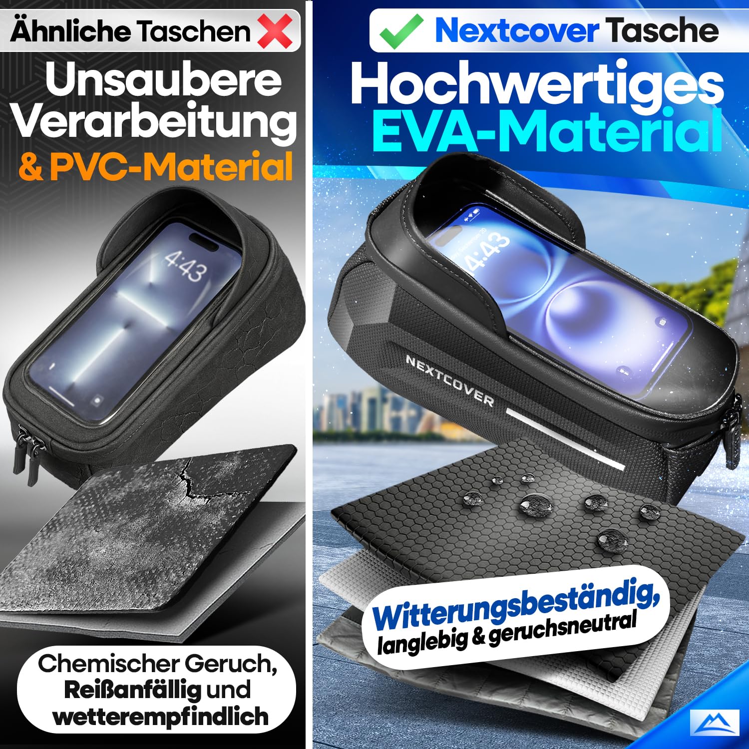 Nextcover® Rahmentasche Fahrrad mit Handytasche I Fahrrad Rahmentasche mit Touchscreen I Fahrradtasche Rahmen Wasserdicht, Oberrohrtasche Bikepacking - Ideal für E-Bike, MTB, Gravelbike, Rennrad