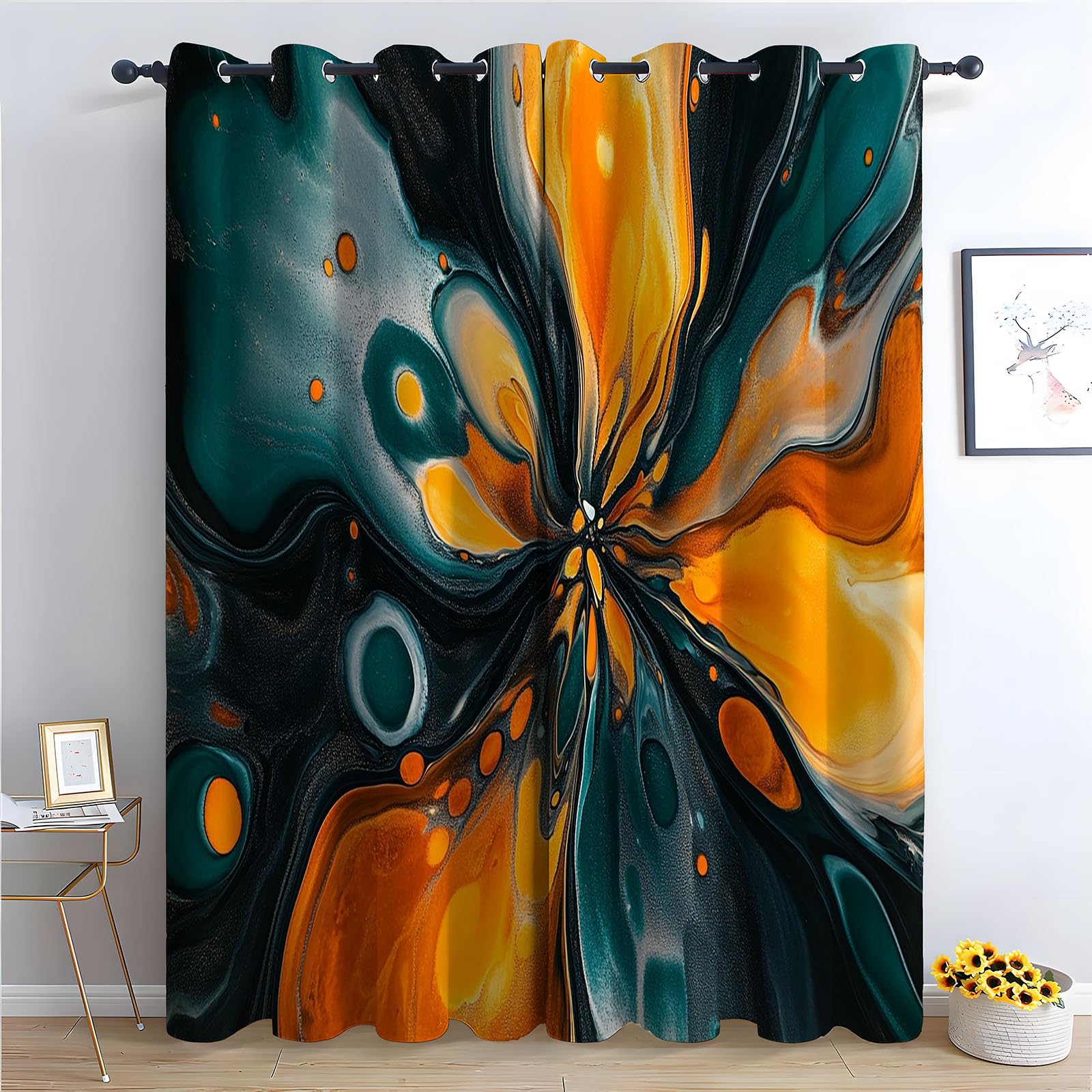 TERUEA Floral Blackout Curtains for Living Room Bedroom Abstract fluid teal orange black swirl Curtains Mildew Resistant,-42" W x 72" L (Pack of 2)