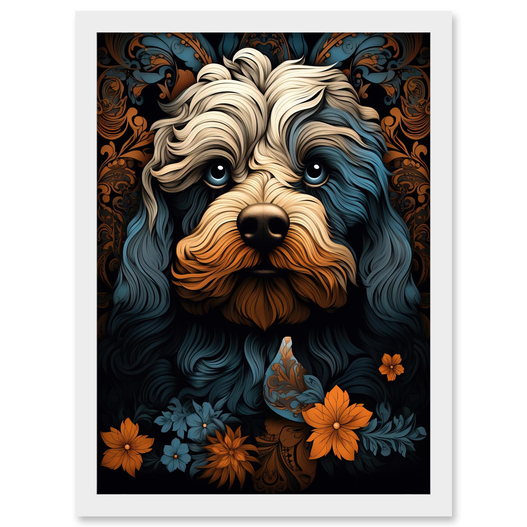 Artery8 Cockapoo Dog with Flower Patterns Art Nouveau Artwork Orange Blue Floral Portrait Design Artwork Framed A3 Wall Art Print