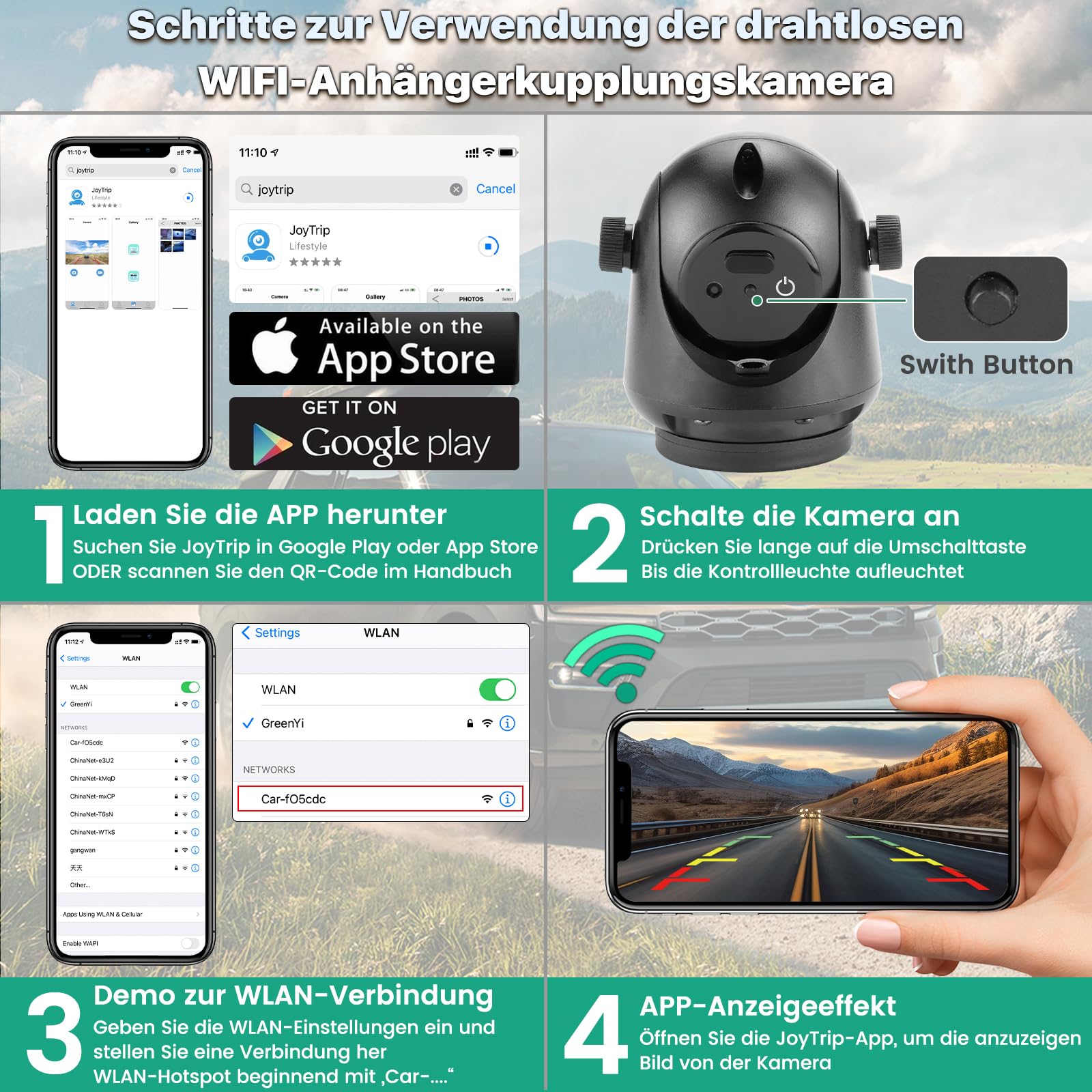WiFi Magnetic Hitch caméra de recul sans fil à vision nocturne, batterie rechargeable, adaptée pour iPhone Android, facile à monter bras cou de cygne bateau voyage remorque RV