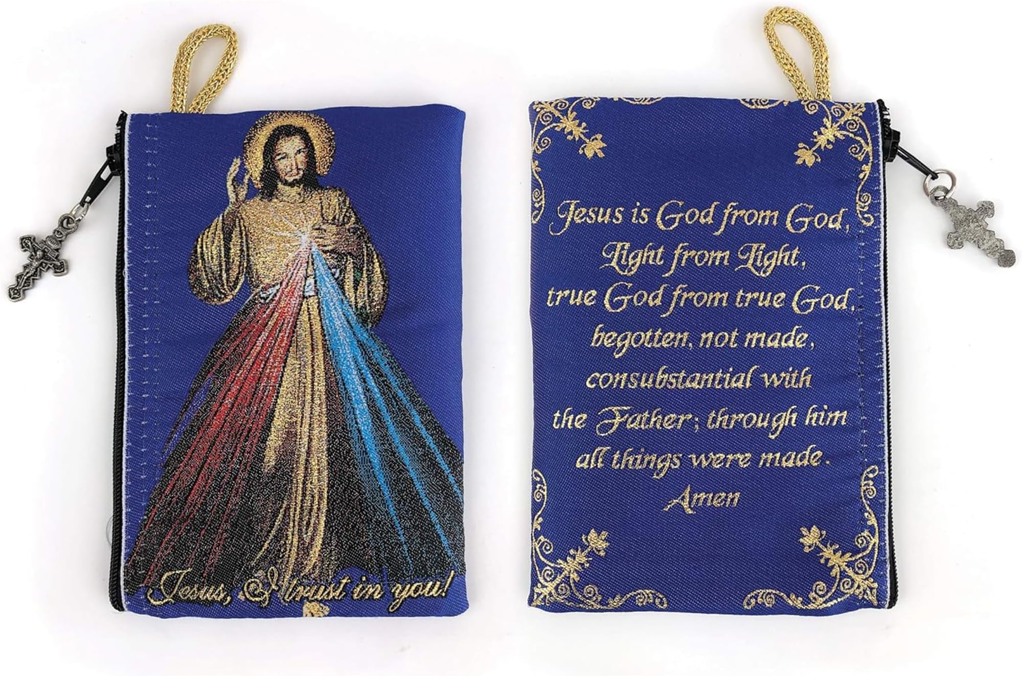 Catholic Rosary Pouch โ Woven Tapestry Divine Mercy of Jesus & Jesus is God Purse From The Holy Land - Coin, Jewelry & Rosary Case w/Cross Pendant Zipper - Catholic Gifts for Women (4" x 6")