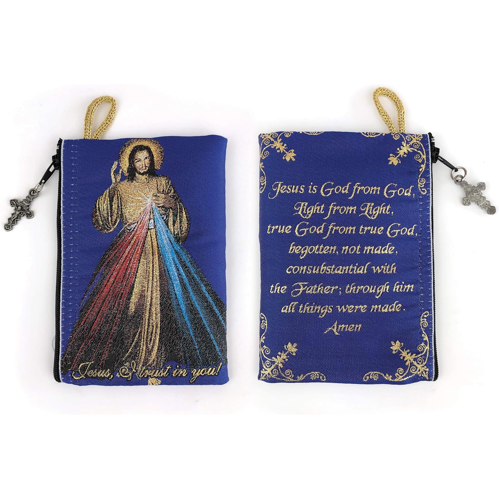 Catholic Rosary Pouch – Woven Tapestry Divine Mercy of Jesus & Jesus is God Purse From The Holy Land - Coin, Jewelry & Rosary Case w/Cross Pendant Zipper - Catholic Gifts for Women (4" x 6")
