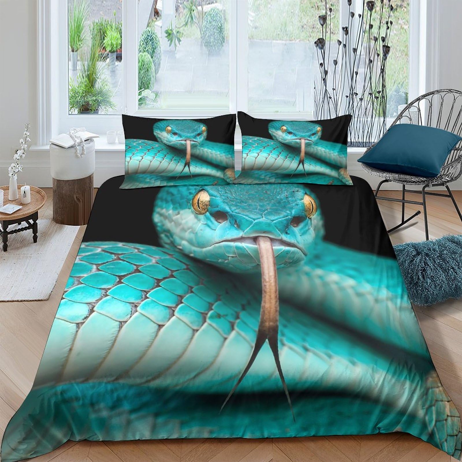 GPLZQXKJNH 3D Printed Turquoise Snake Duvet Cover Set Microfiber Soft Breathable Reptile Bedding Set with 2 Pillowcases for Bedroom Decor Single（135x200cm）