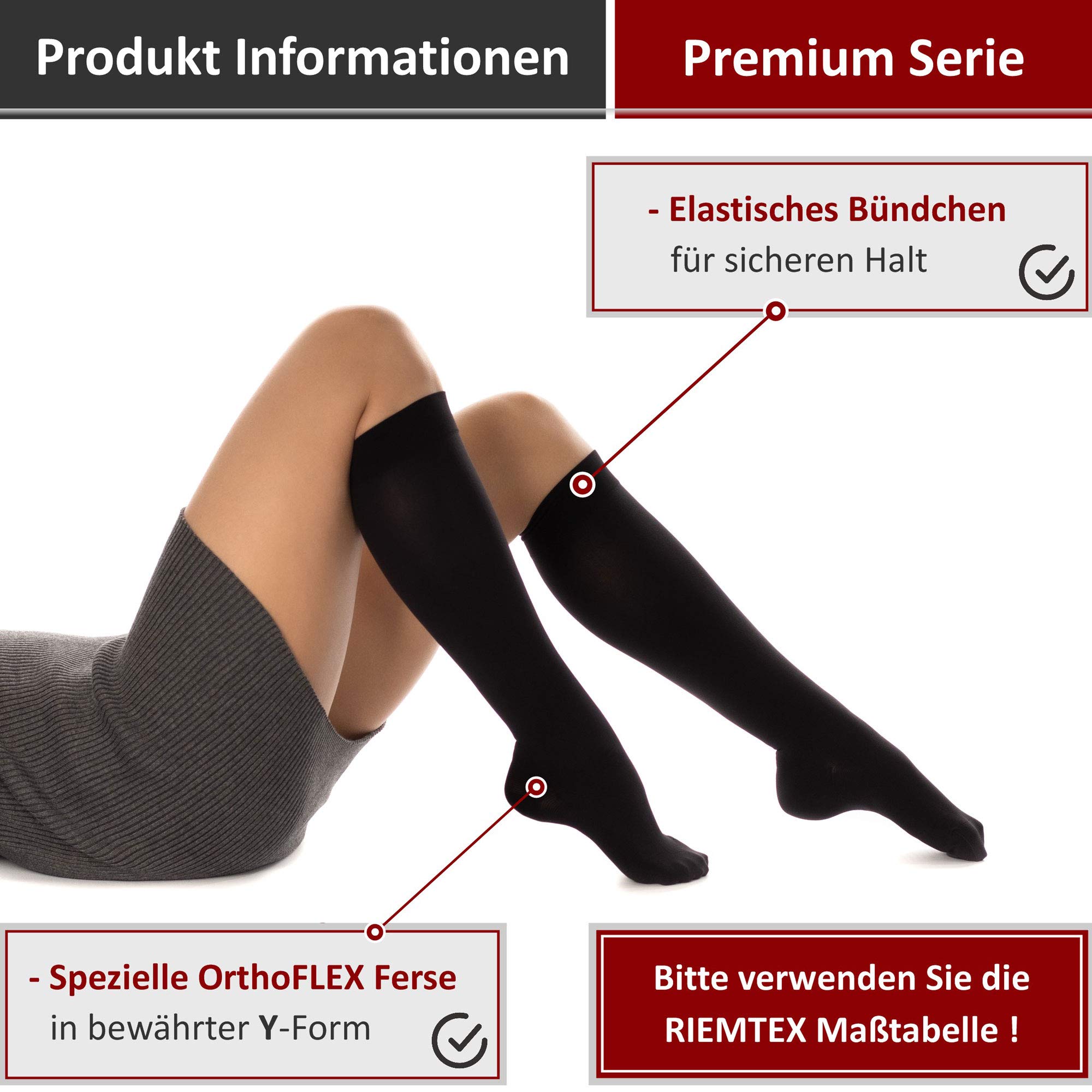RIEMTEX medizinische Kompressionsstrümpfe Klasse 2 CCL2 23-32 mmHg Wadenstrümpfe für Damen Geschlossene Spitze PREMIUM Serie 3211a (Größe 5, Schwarz)
