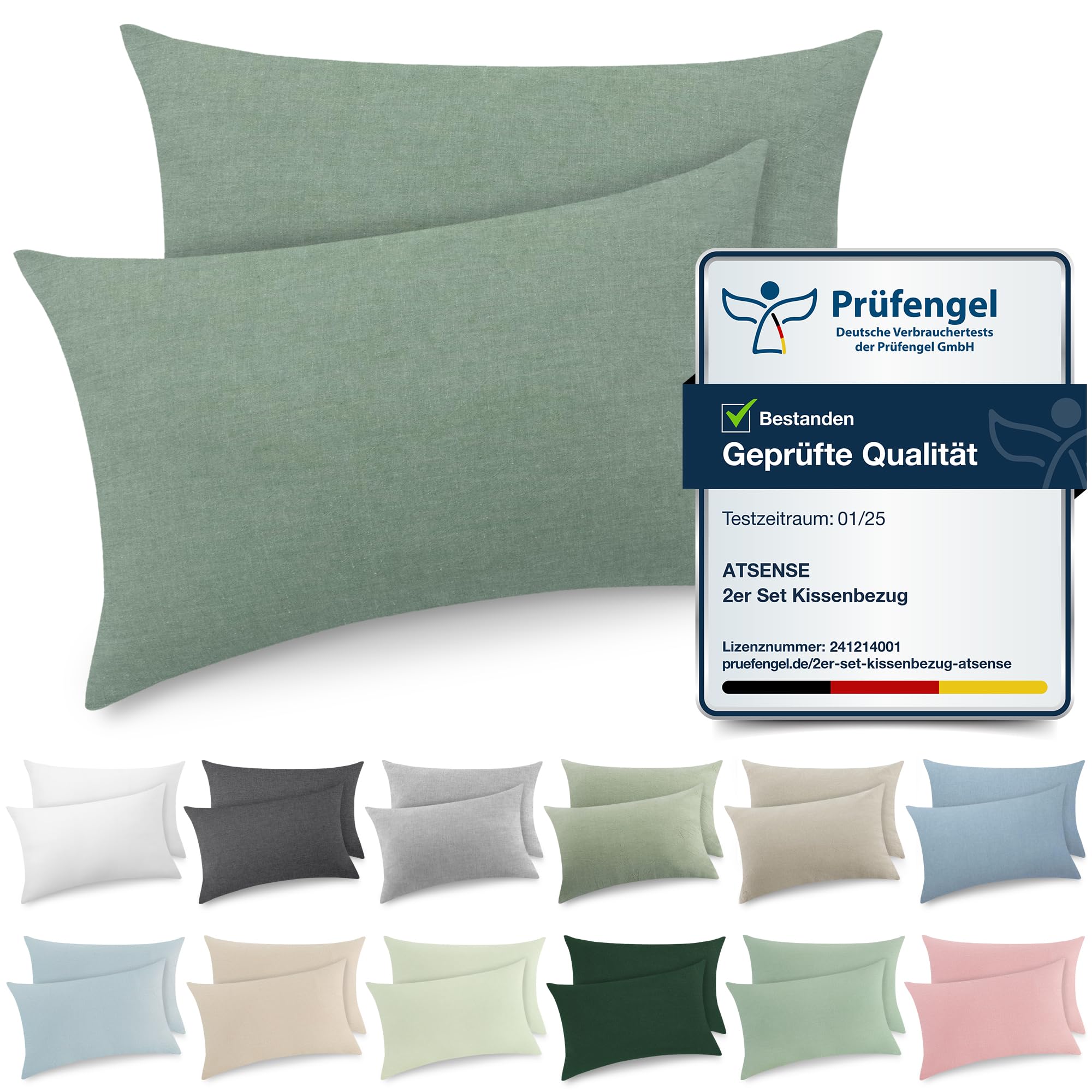 ATsense Juego de 2 Fundas de Almohada de 40 x 70 cm, 100% algodón Lavado, Color Verde Liso con Cremallera, Certificado Öko-Tex, Muy Suave de acogedora