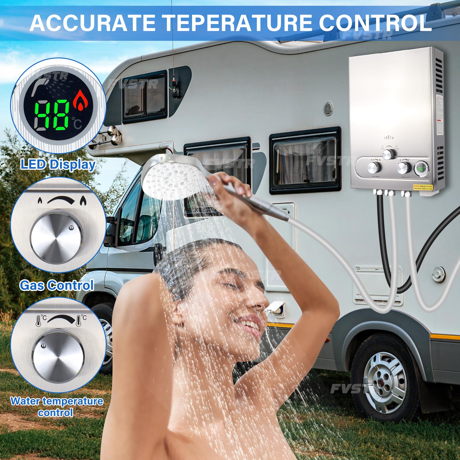 Scaldabagno istantaneo a propano senza serbatoio, 1,6 GPM, 7L, portatile, per uso esterno in camper, roulotte, cabine, fienili, punto d'uso, argento