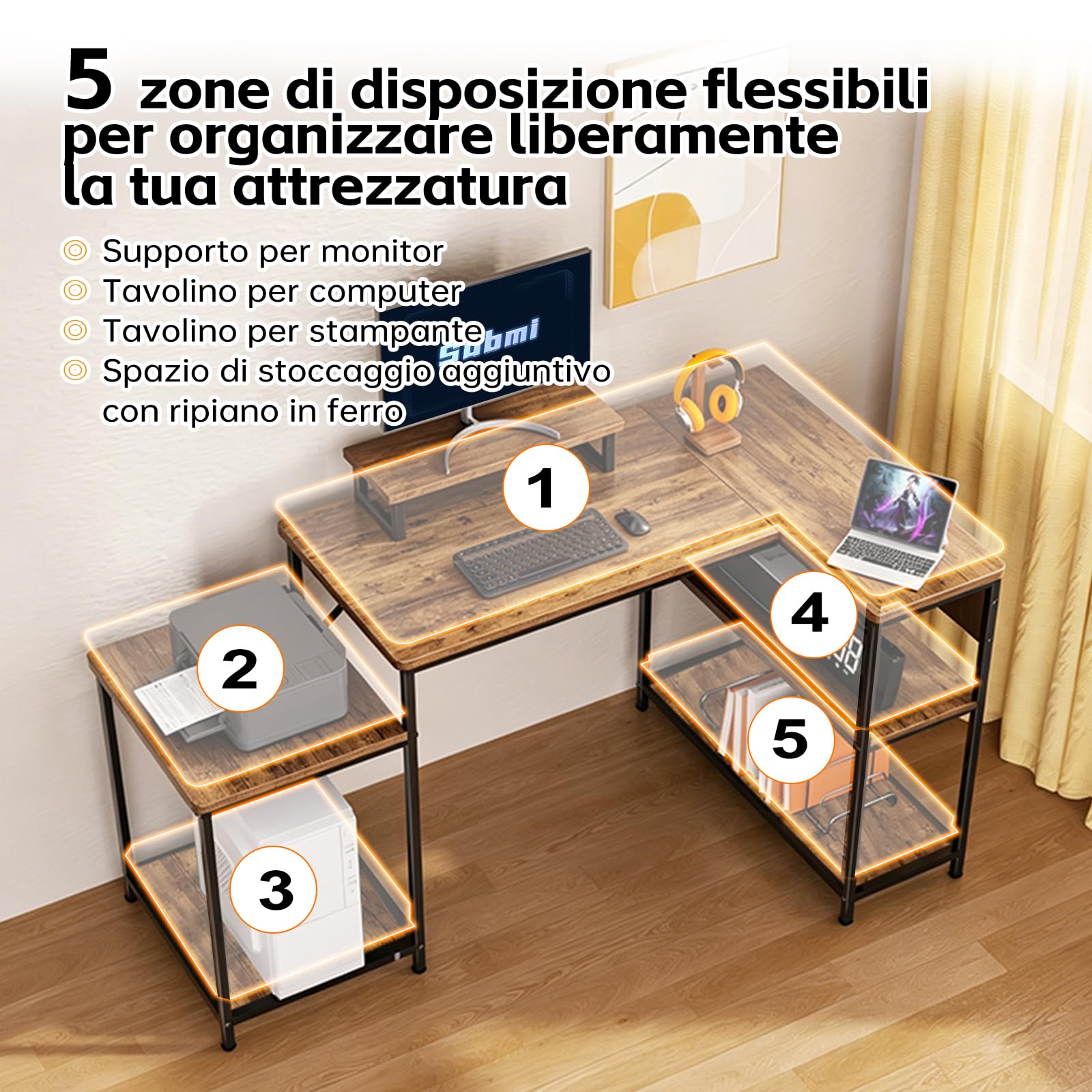 Scrivania ad Angolo Reversibile 152x80cm, Scrivania Ufficio a L con Scaffali Aperti Supporto Monitor, Regolabile in Altezza Scrivania Gaming per Computer, Ufficio, Studio, Marrone