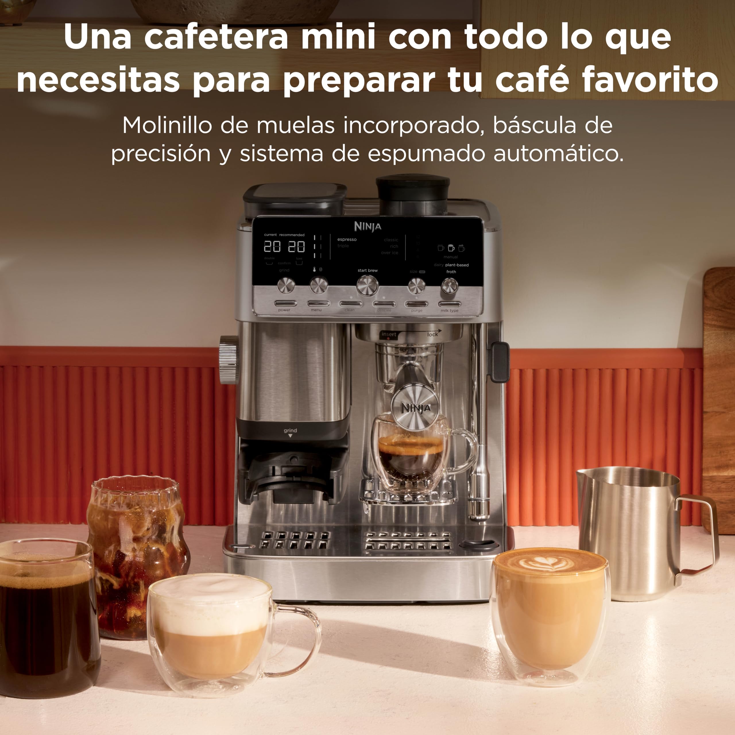 Ninja Luxe Café Mini Cafetera 2 en 1 para café de filtro y espresso con espumador automático de leche, molinillo integrado ES351EU