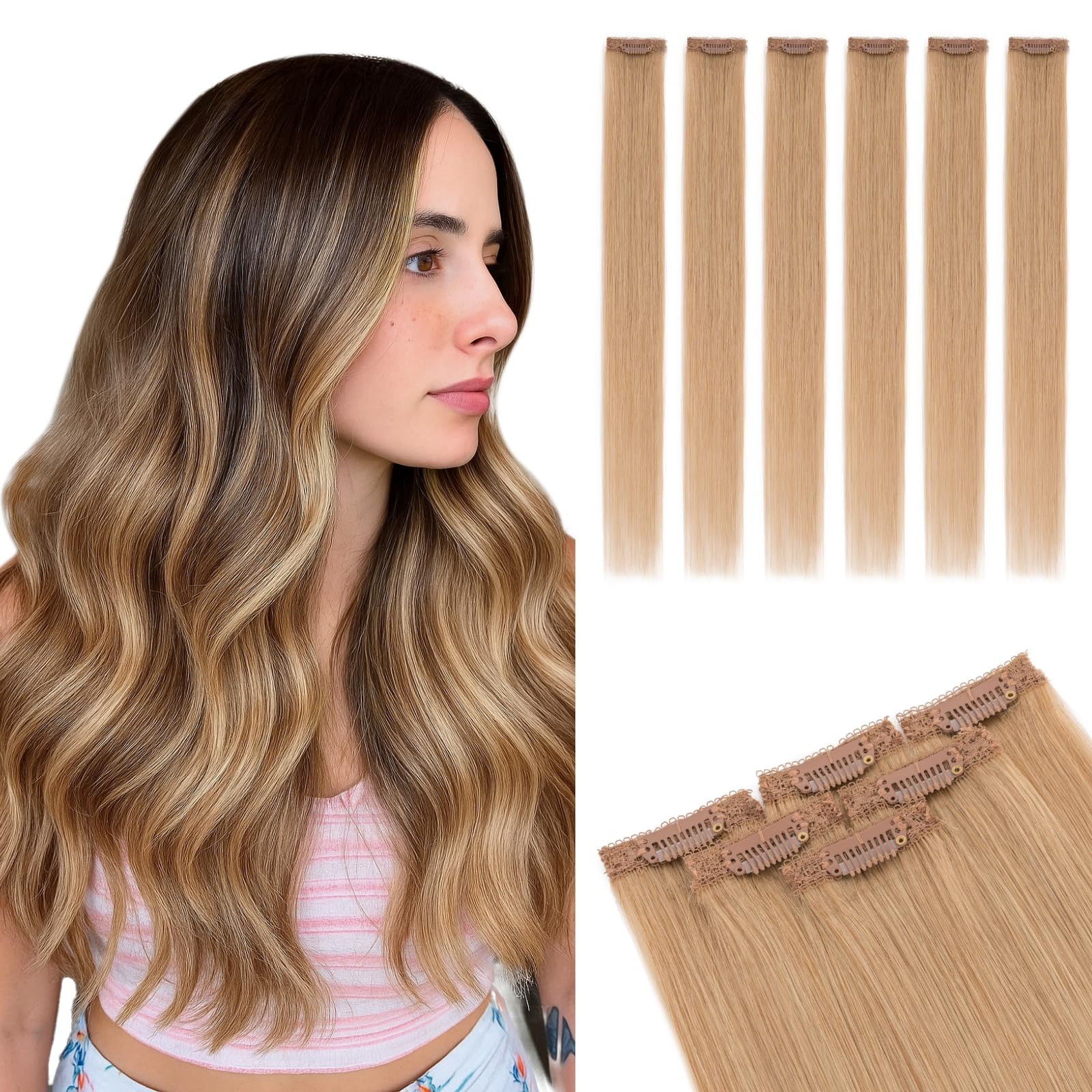 MY-LADY Clip in Extensions Echthaar 6 Stück, 45cm Haarverlängerung Natürlich, Single Clip Hair Extension Highlights für Frauen Damen Glatt Dunkelblond(#27, 44g)