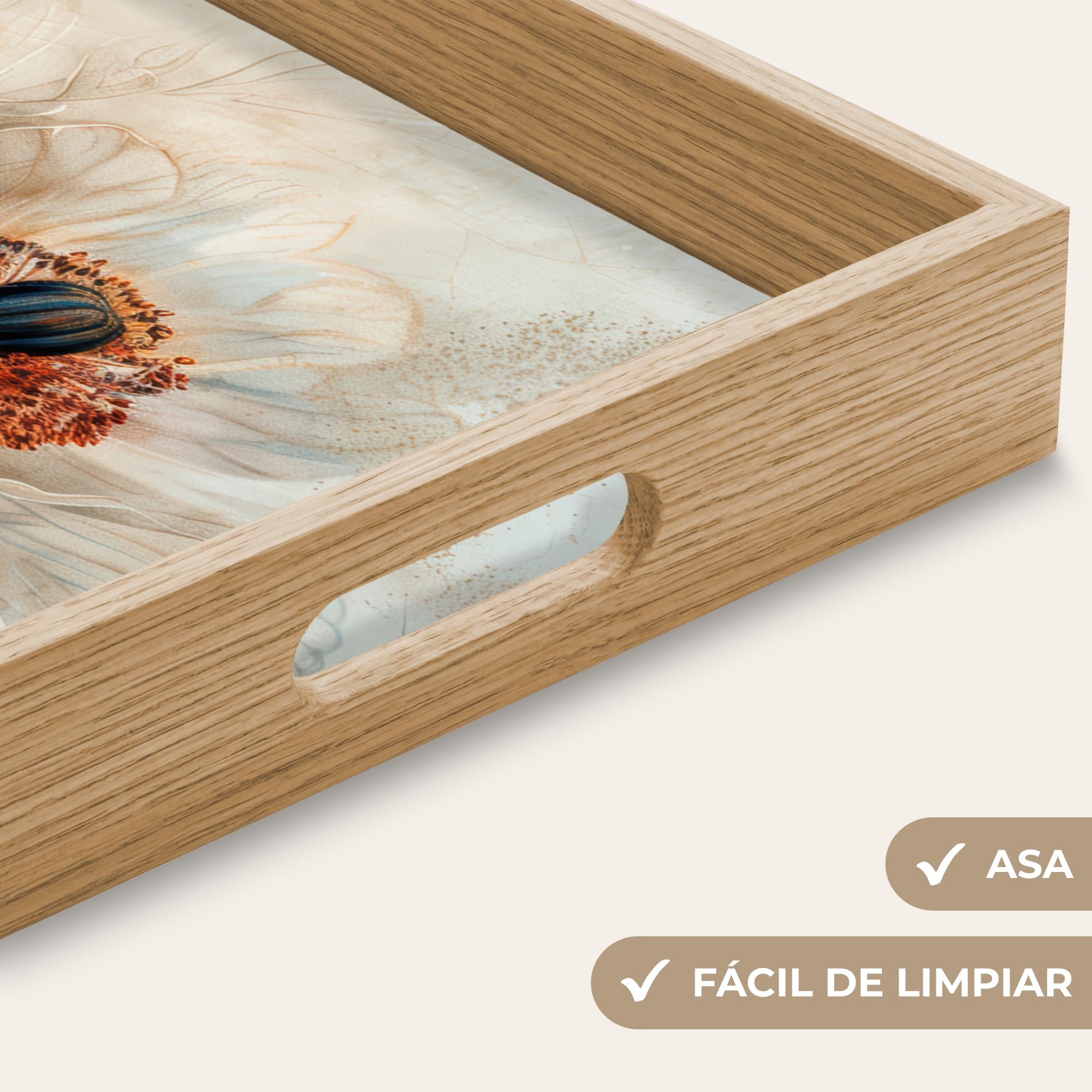 Bandeja Madera De Roble Rectangular 50x35 cm Bandejas Desayuno para Servir Comida Cocina Resistente Al Calor Cafe Tray Tabuleiro Flores - Beige - Moderno - Ilustración