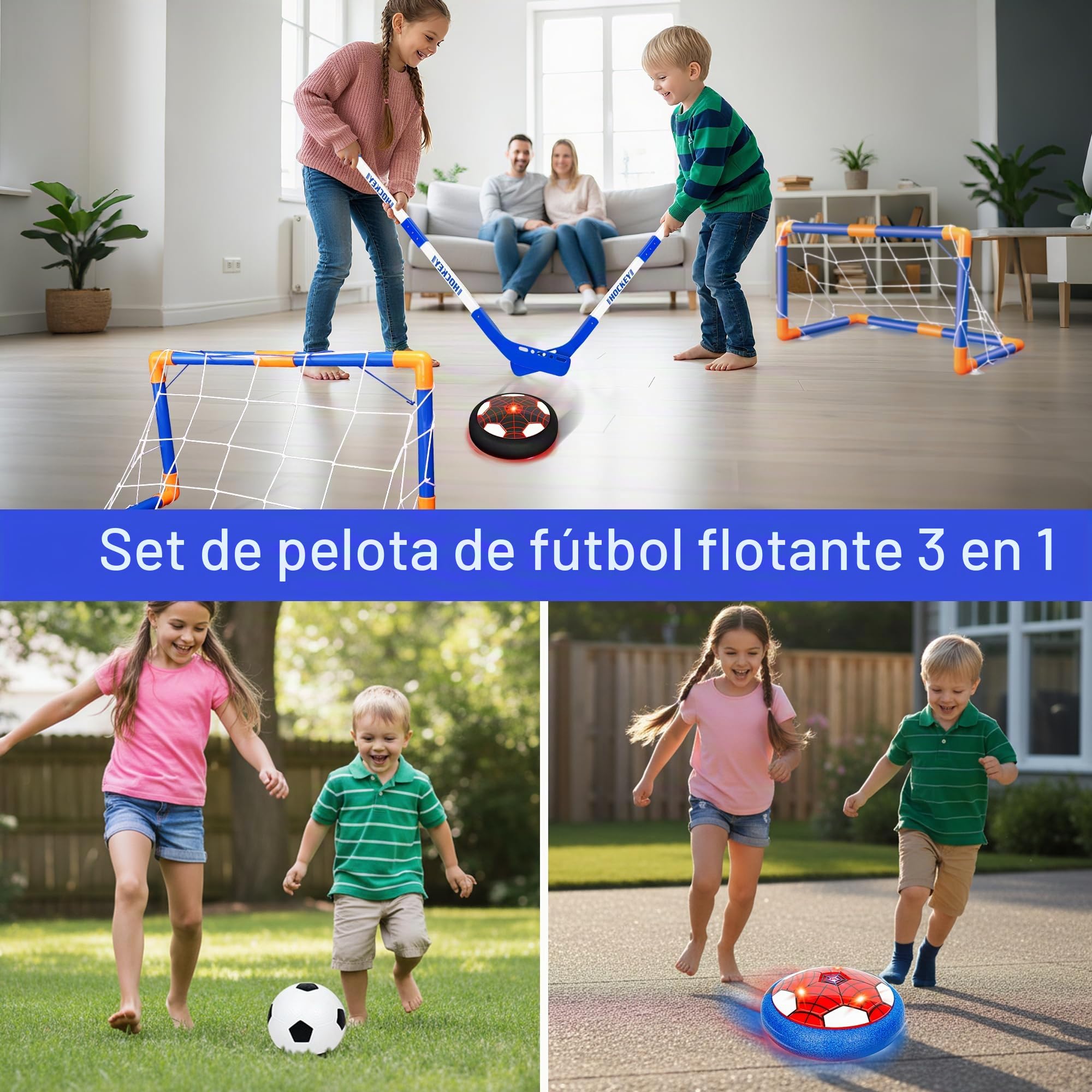 Juego de Fútbol y Hockey Flotante 3 en 1 con LED | Balón y disco flotantes con LED, balón inflable, 2 palos de hockey, 2 porterías, bomba y cables USB, para suelo liso
