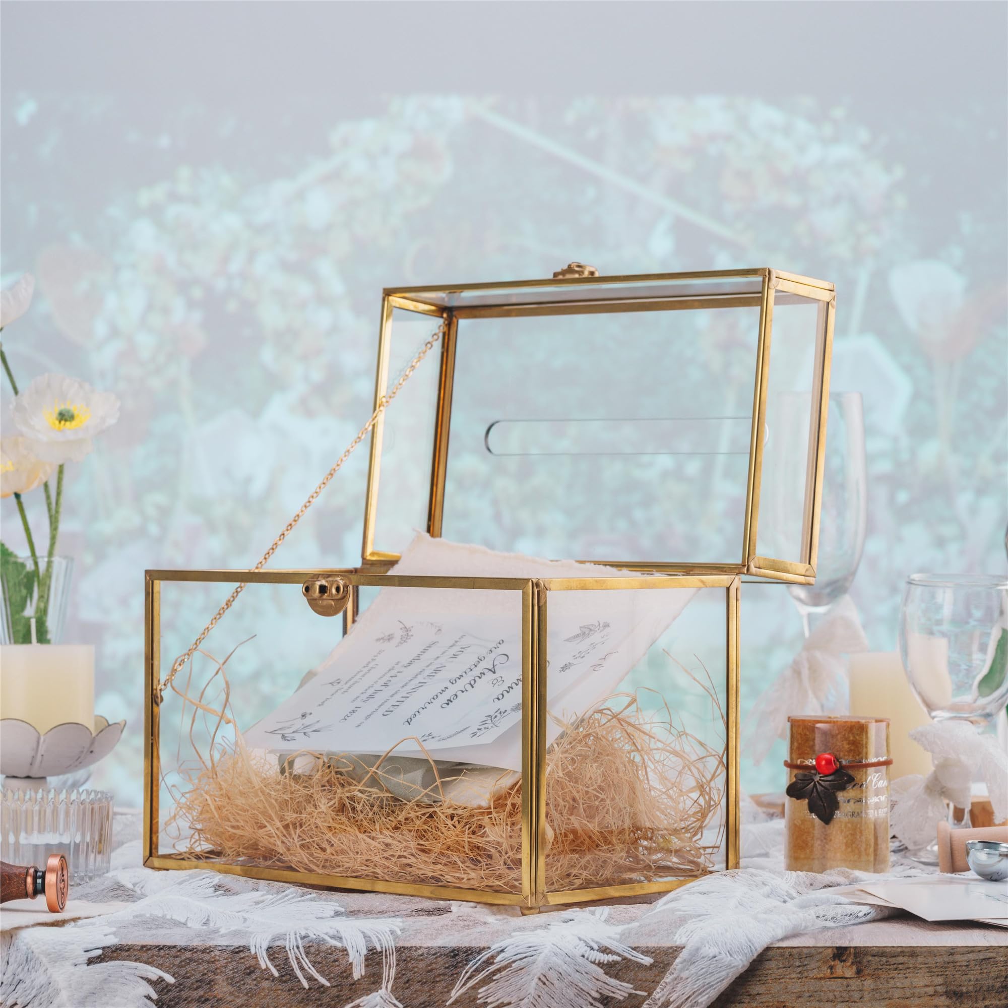 NCYP Caja de tarjetas de cristal de 25,4 cm Rectangular con forma de terrario, dorado con pie para recepción de boda, recuerdo de, centro de fiesta recipiente (solo caja de vidrio)