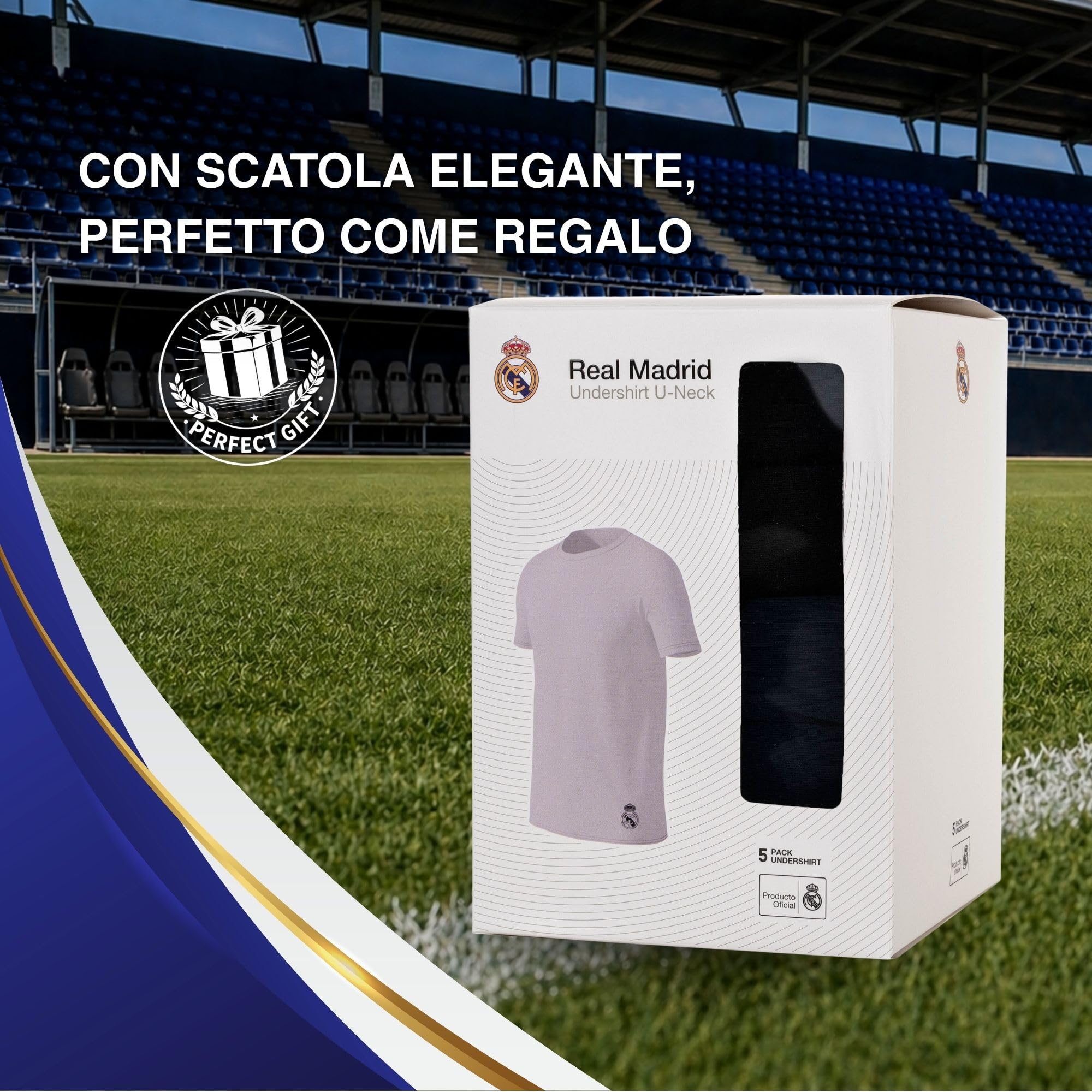 Real Madrid Magliette Uomo, Confezione da 5 – Prodotto con Licenza Ufficiale | Magliette Intime 100% Cotone | Regalo per Tifosi Uomini con Logo
