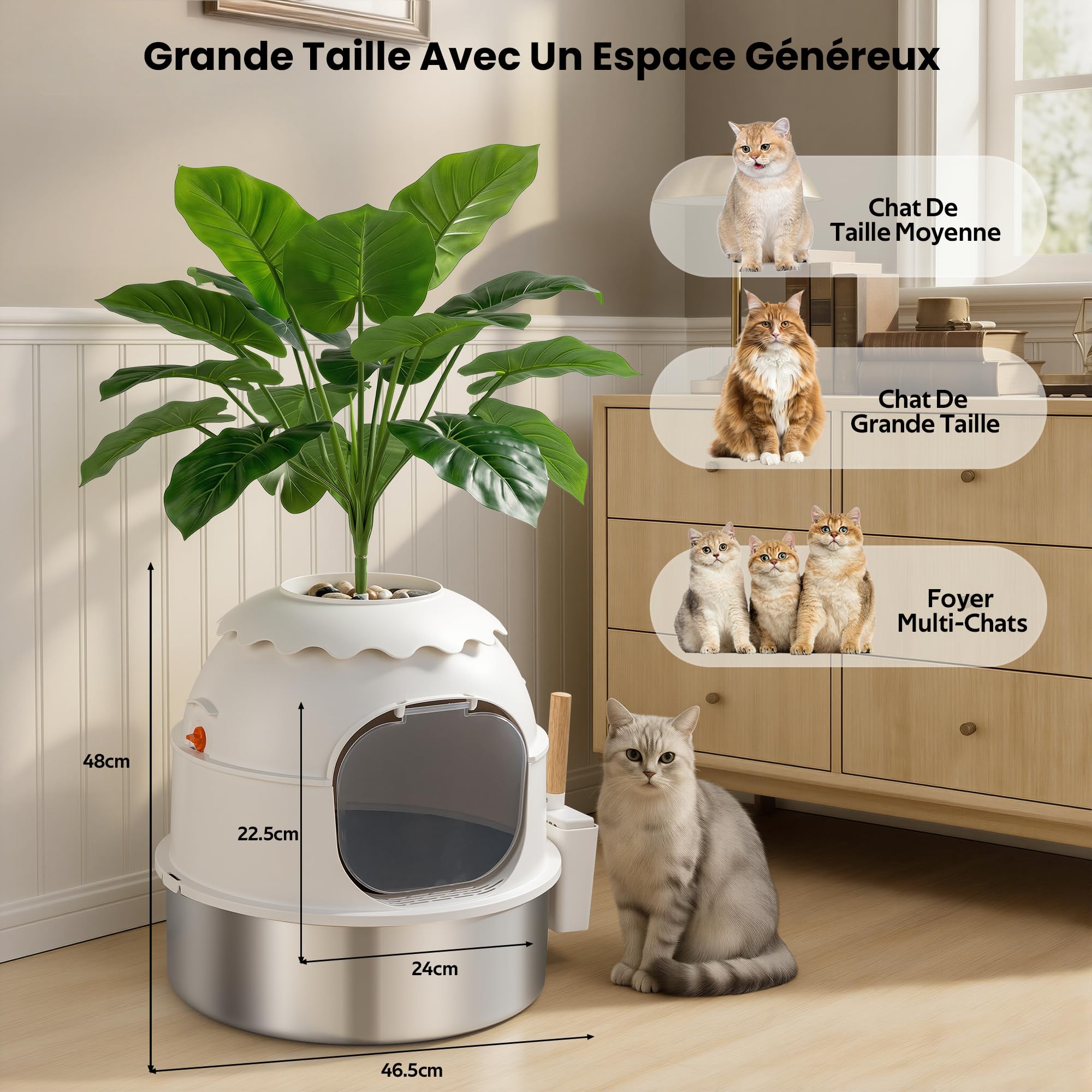 Bac à litière pour chat, Litière Plante en Acier Inoxydable avec Décoration de Plante, Enceinte avec Porte Claire, Inclut Pelle et Tapis à Litière, Contrôle des Odeurs Blanc