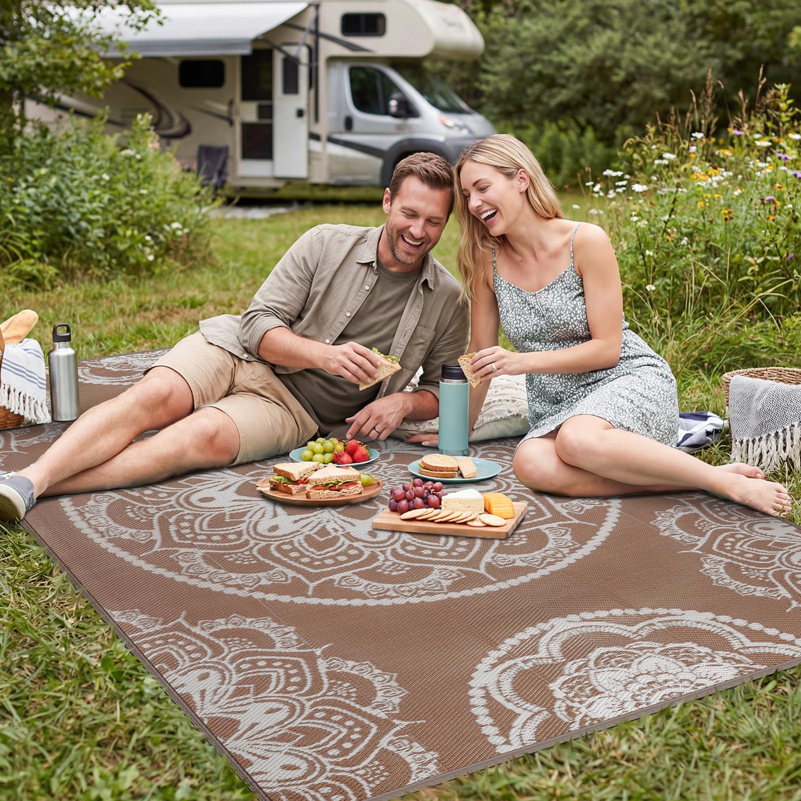 Tapis Exterieur Resistant Pluie Terrasse Tapis Barbecue Sol Exterieur Grand Tapis Plastique Exterieur Imperméable Tapis d'extérieur pour Terrasse Jardin Balcon Plage Salon 180 x 270 cm, Beige Marron