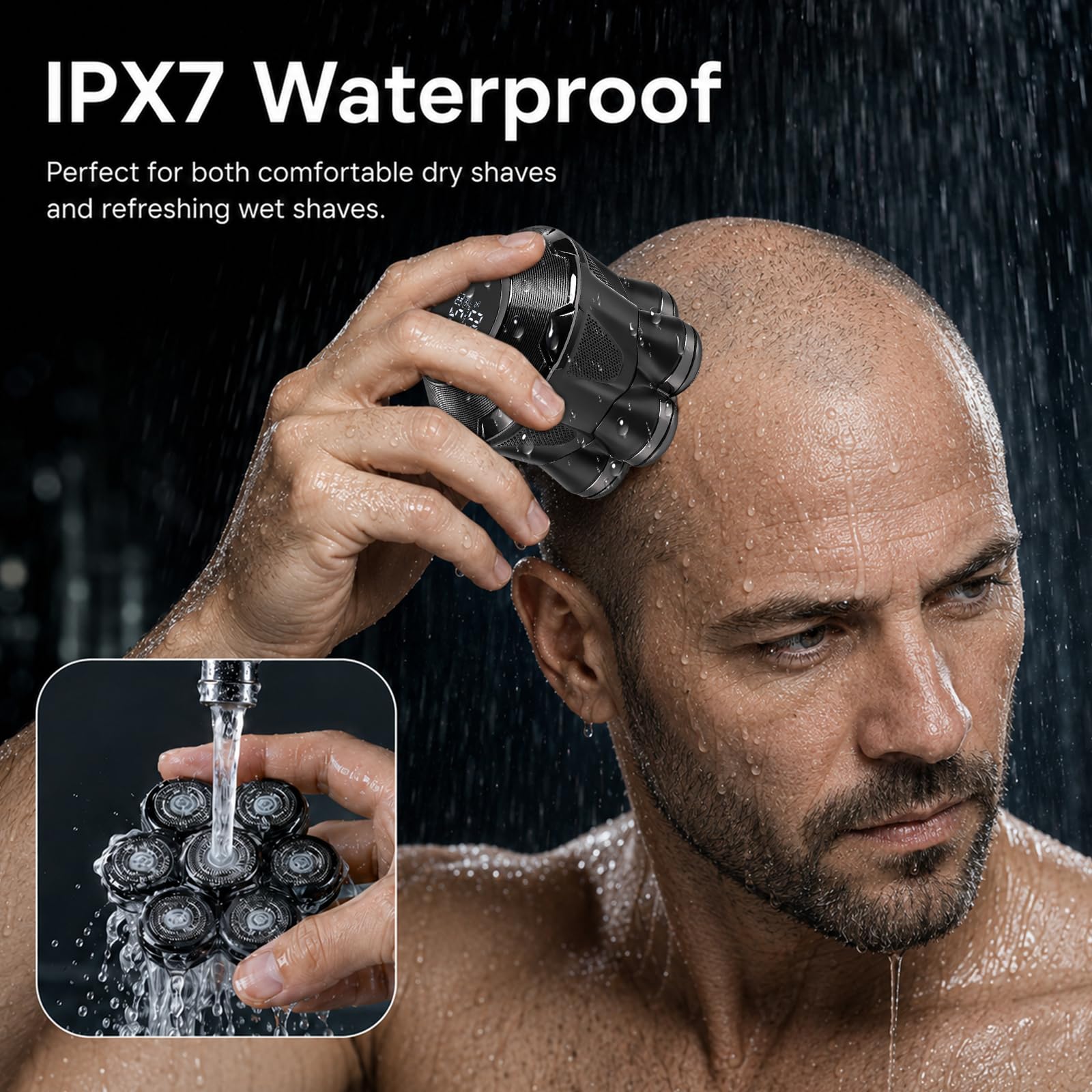 Glatzen Rasierer Herren IPX7 Wasserdicht Kopfrasierer Glatze Akku 120Min