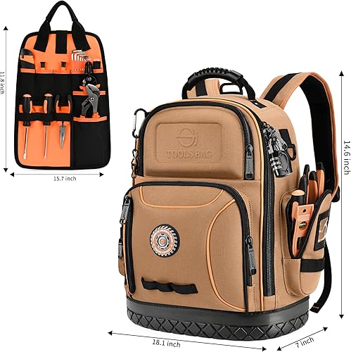 Miniatura 5 de Mochila bolsa de herramientas resistente, mochilas de herramientas para electricistas para hombres, trabajos de construcción HVAC, 75 bolsillos y