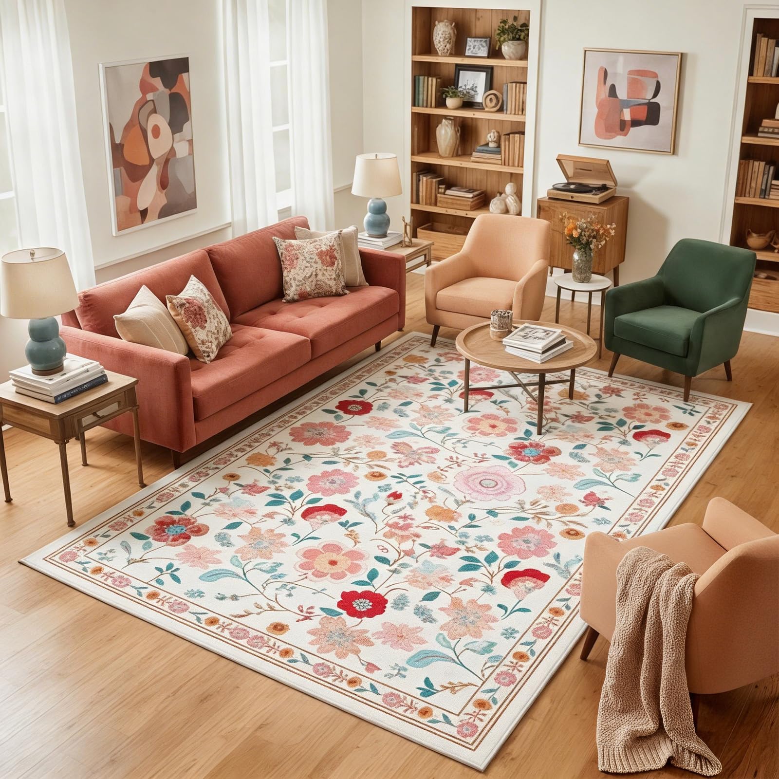 6x9 Area Rugs Washable for Living Room, Floral Vintage Non-Slip Rug for Bedroom, Low Pile Carpet for Dining Room Home Ofiice Kid's Room Kitchen, Cream Beige