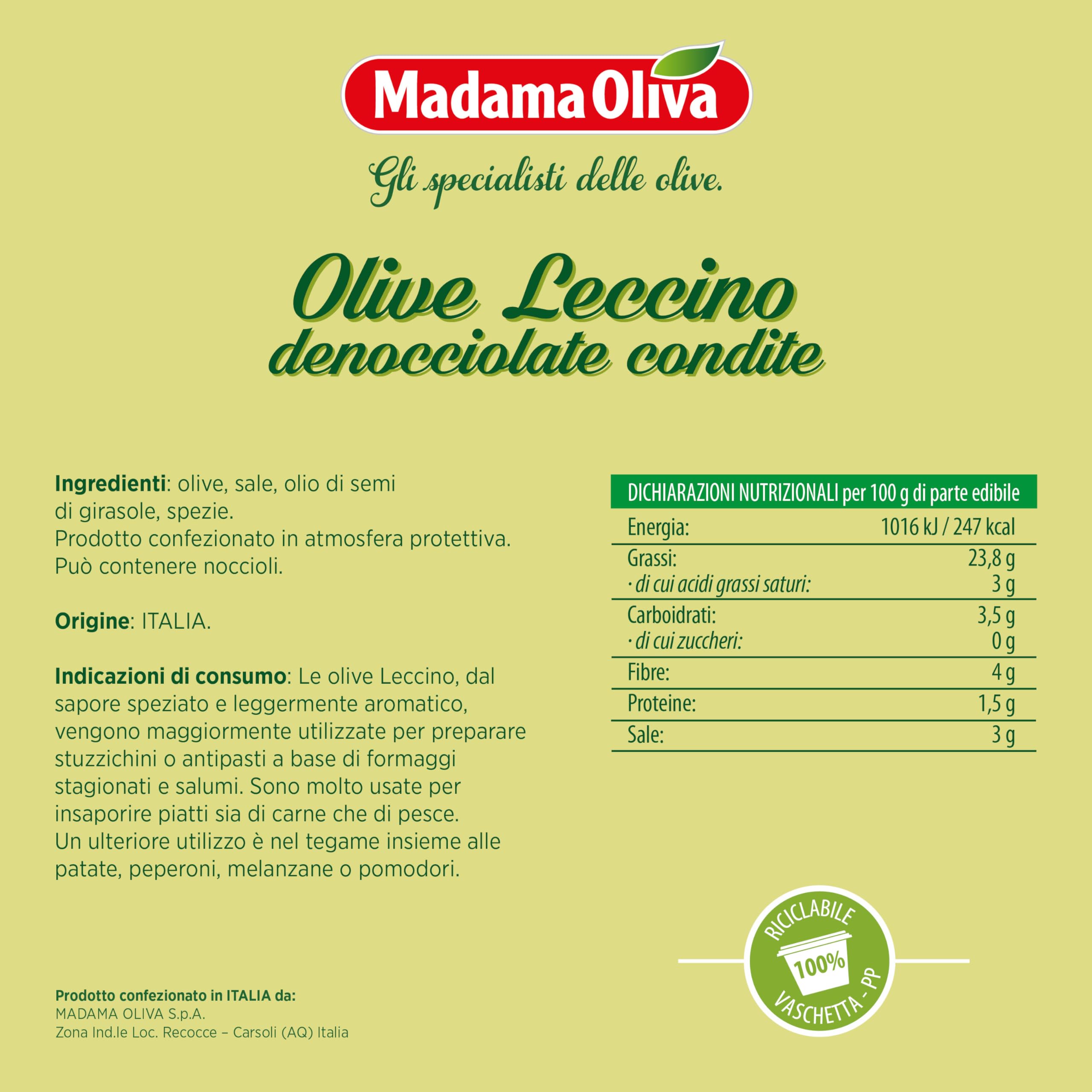MADAMA OLIVA, Olive Nere Leccino Denocciolate Condite dal Sapore Speziato e Leggermente Aromatico, Ideale per Stuzzichini e Antipasti, 100% Made in Italy, 6 x 200 gr