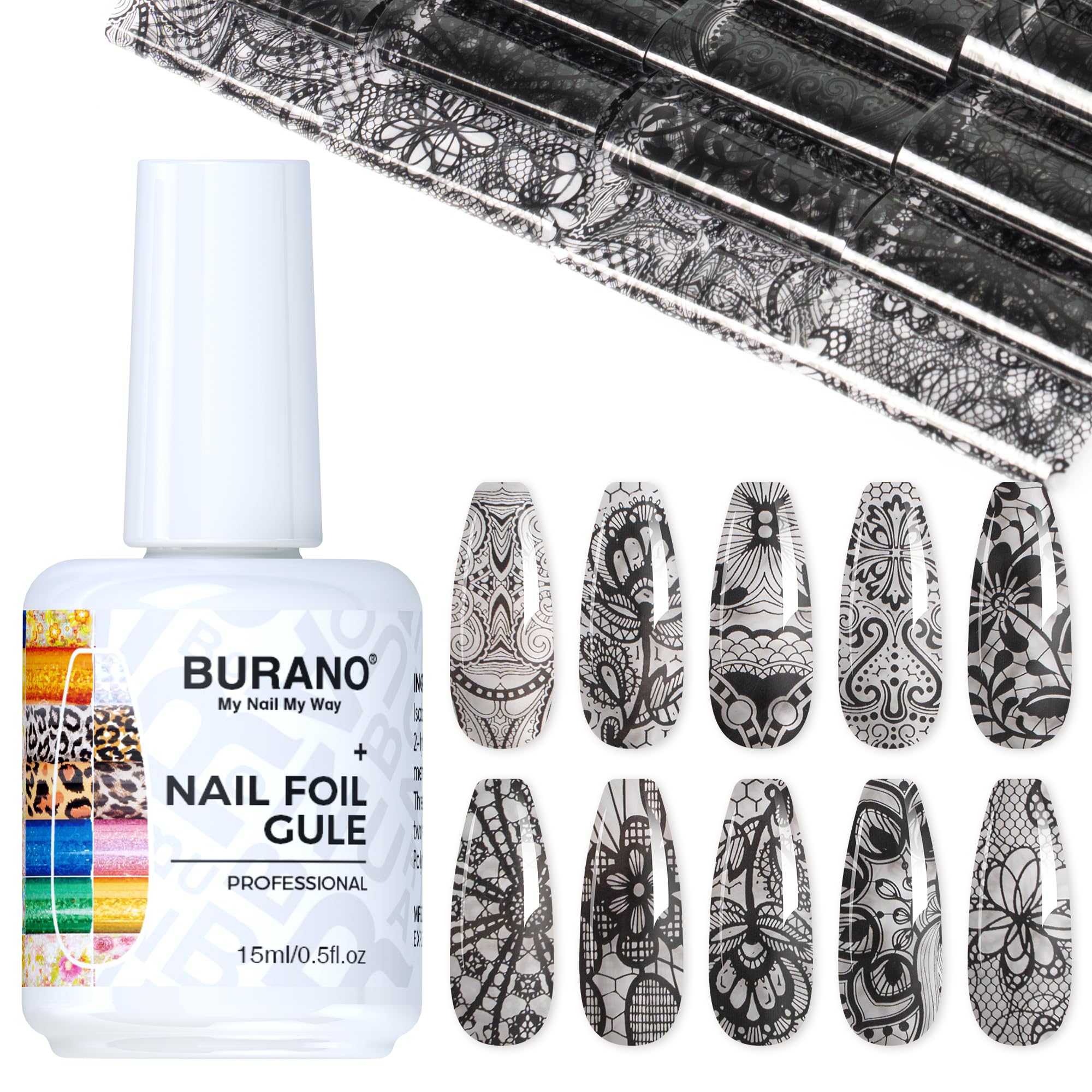 BURANO Nail Art Nail Foil Glue Gel, o.5 oz with 10PCS Foil Stickers Set Lace Nail Foil Glue for Nails Foil Transfer Gel, Nail Design Home DIY UV LED