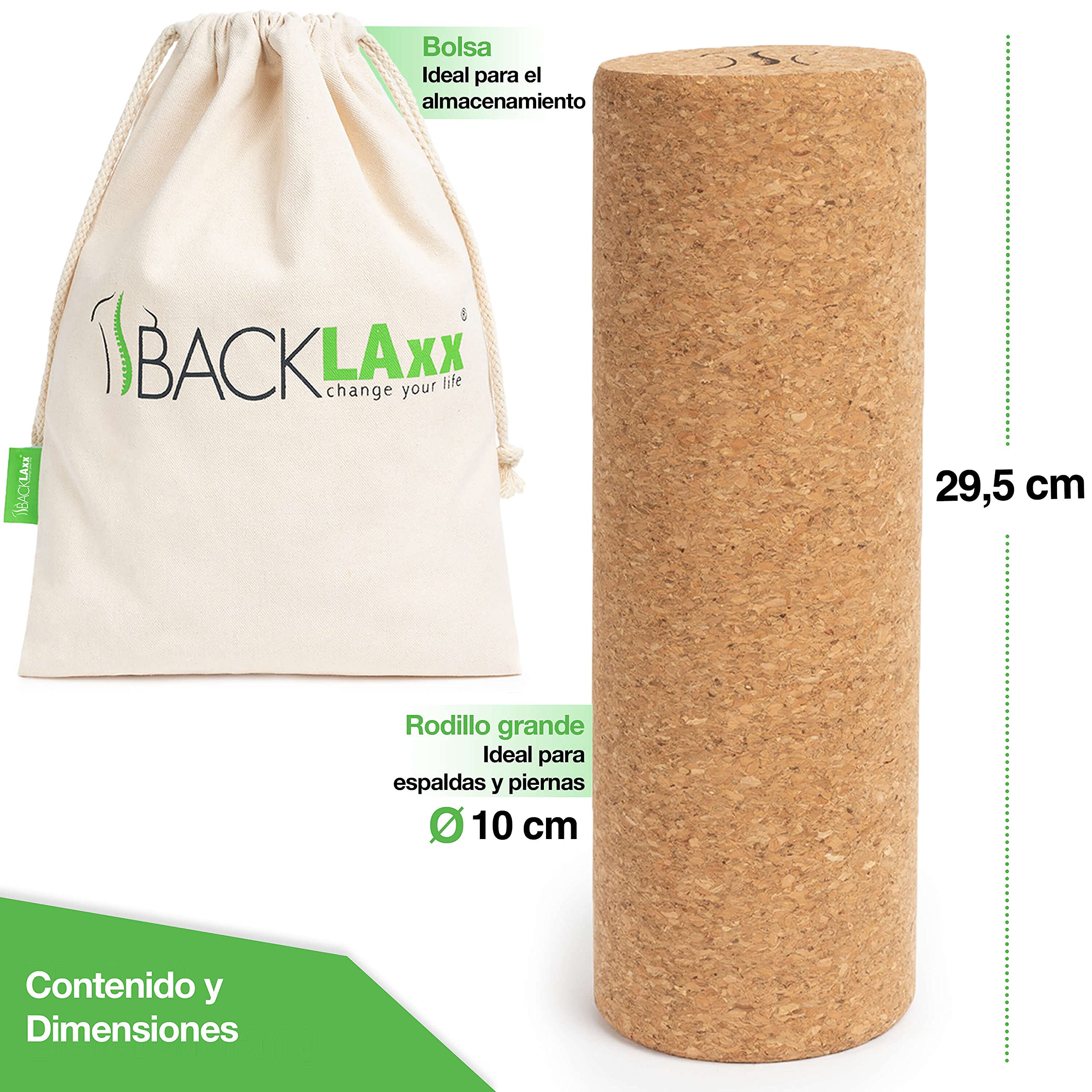 BACKLAXX ® Set de Rodillos Fasciales de Corcho | Rodillo Masaje Muscular para Espalda y Columna Vertebral | Sin Sustancias Nocivas | Antibacteriano | Incluye Vídeos de Uso