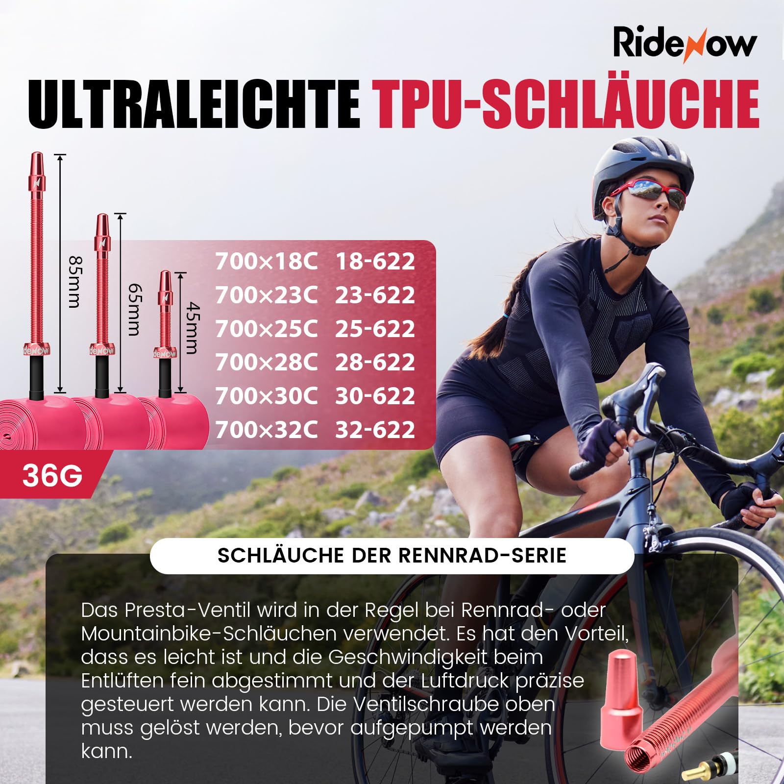 RideNow TPU Schlauch Rennrad Kompatibel mit 700x18-28C, 700x18-32C, 700x28-38C, 2 Pack 700C Ultraleichter Fahrradschlauch mit Metall Presta Ventil 45/65/85mm, 24g/36g/39g
