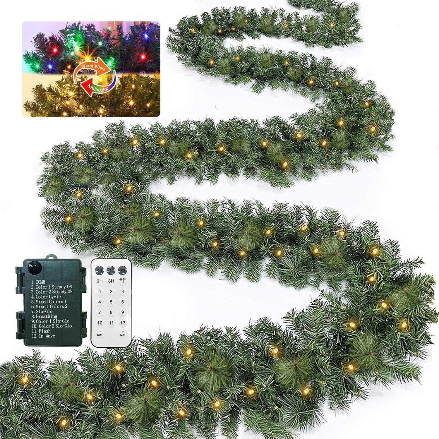 Remote Control&Extra Long&12 Modes-18 Ft Prelit Christmas Garland for Stairs Railing Mantle Front Door Porch Indoor Outdoor Decor 100 Warm White&Colors Switch Lights Timer,580 Thick Branches Tips 18FT Warm White & Colorful Change Lights