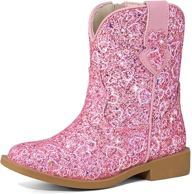 Rollda Toddler Cowgirl Boots for Girls Glitter Cowboy Boots with Cute Heart