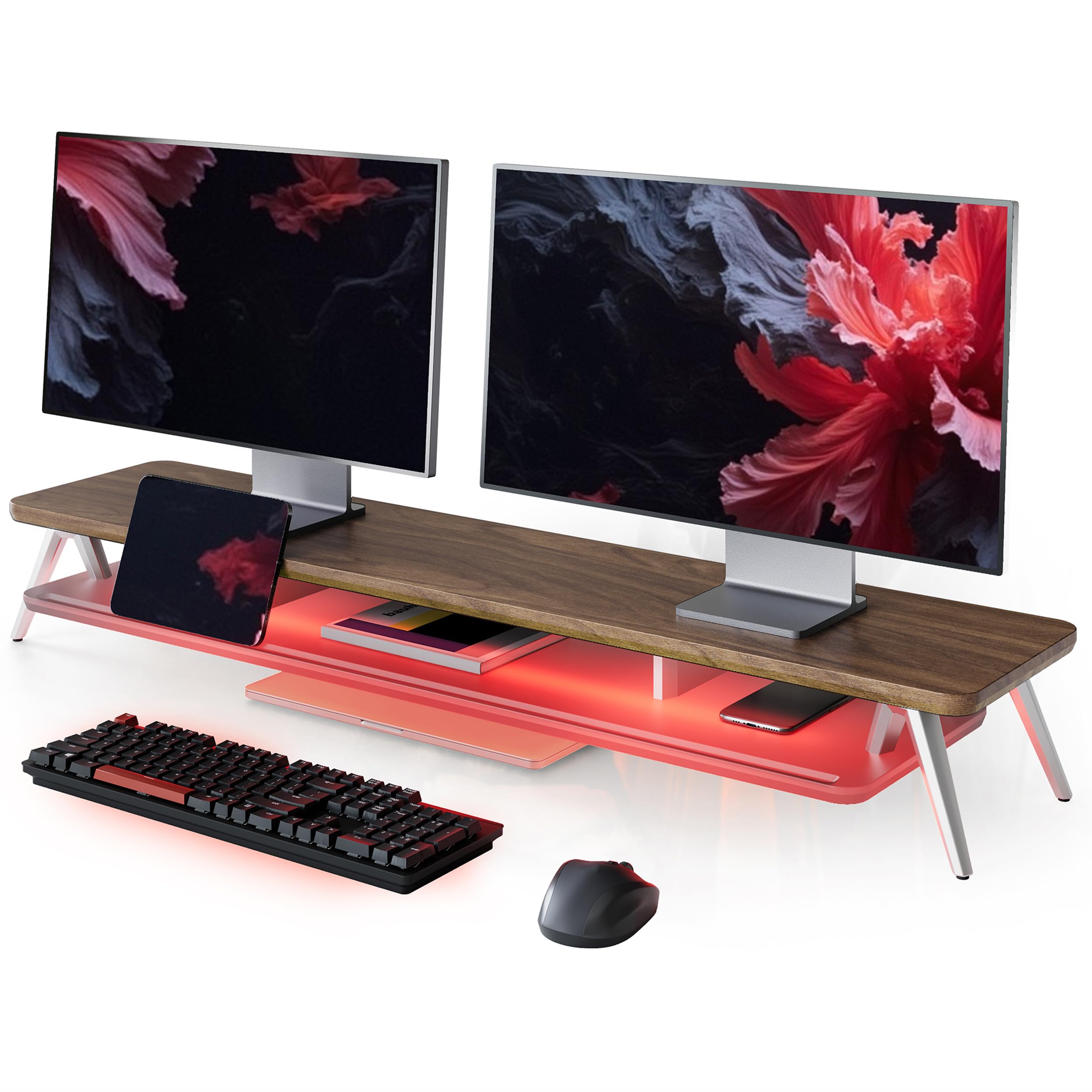 Fenge Monitorständer,108cm, LED-Beleuchtung für Laptop PC TV, Braun | Schaltbare Farben, 2 Geräte, Bis 45kg, Ablagefach für Telefon/Tablet/Stift, Acryl-Ablage, Bildschirm Schreibtisch Büro Home