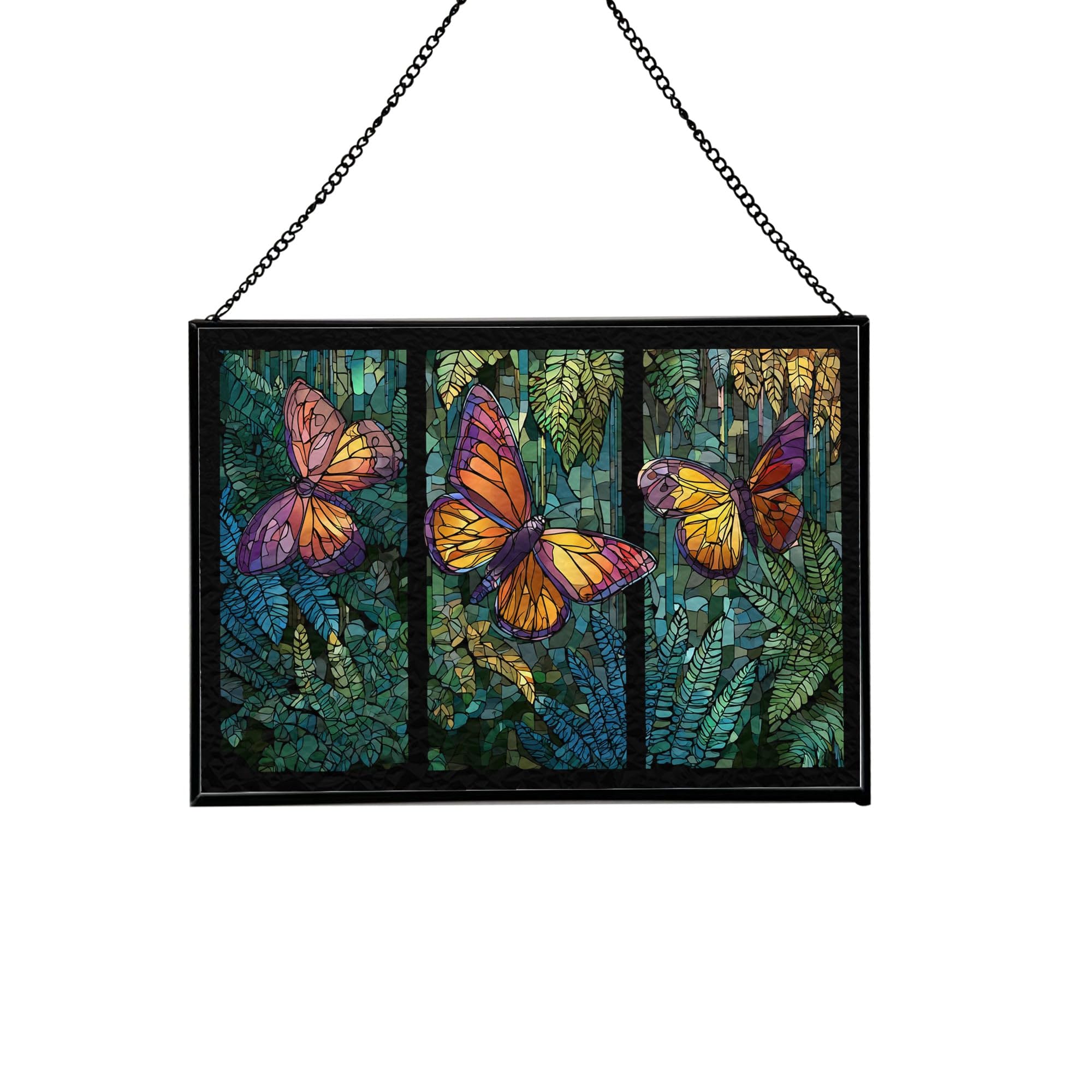 Butterfly Trio – Fern Wood Animal Stained Glass Suncatcher – Rectangular Hanging Window Panel with Artistic Nature Background – Wildlife Glass Art Gift for Animal and Nature Lovers U7zxaa