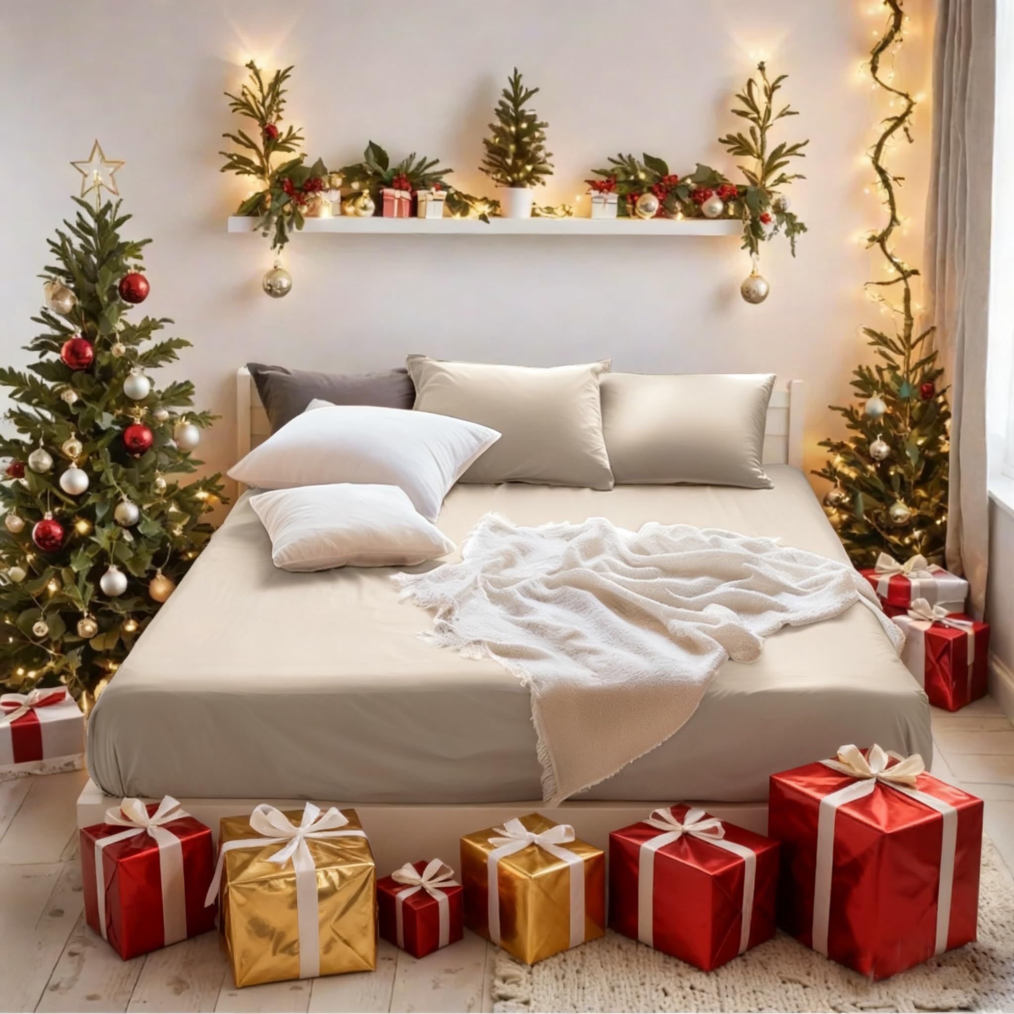 MOHAP Warm Double Size Fitted Sheet Beige with Extra Deep 30 cm Pocket Bed Sheet Only Bedsheet Brushed Microfiber Bottom Sheet for Double Bed 135x190 Beige