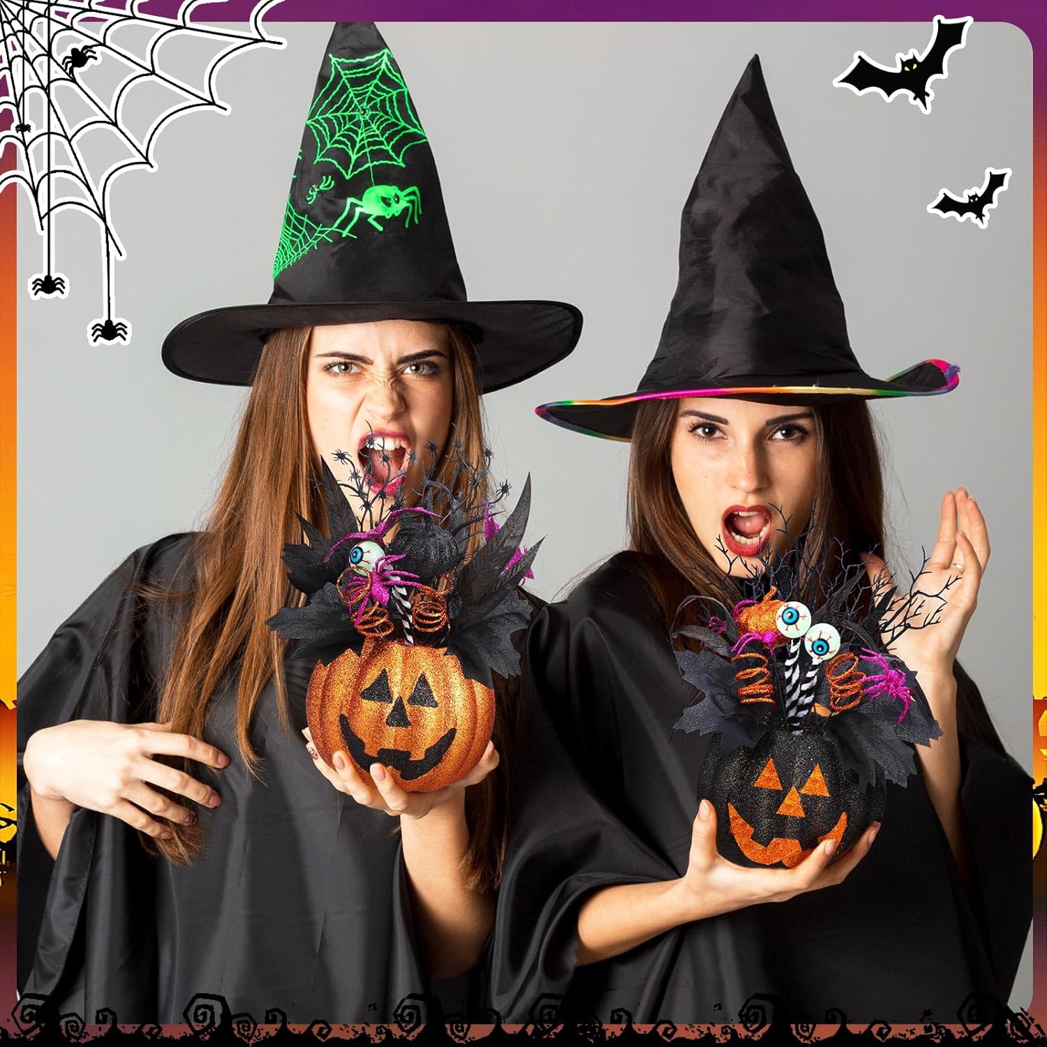 Giegxin 2 Pack Halloween Table Centerpieces Decorations 14'' x 10'' Jack O Lantern Artificial Flowers Pumpkin with Spider and Eyeball Halloween Tabletop Decor for Home Kitchen Indoor Outdoor