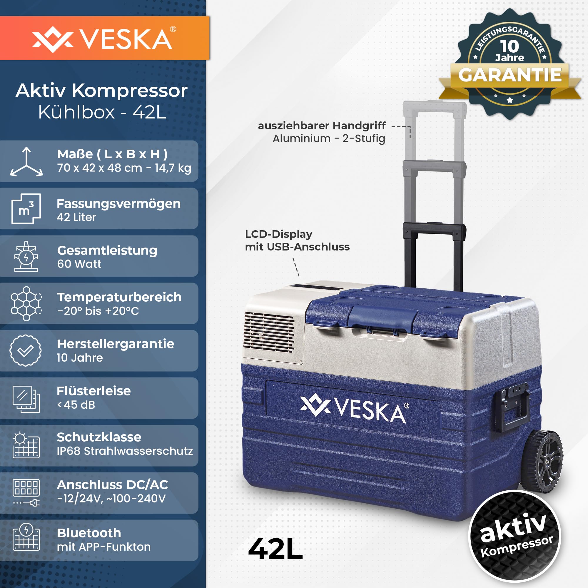 Kompressor Kühlbox elektrisch, Gefriertruhe mit APP-Steuerung, USB-Anschluss, 12/24V, 230V, Räder, transportabler Kühlschrank, Kühltruhe, Gefrierbox bis -20 °C für Auto, LKW, Boot (42L - blau)