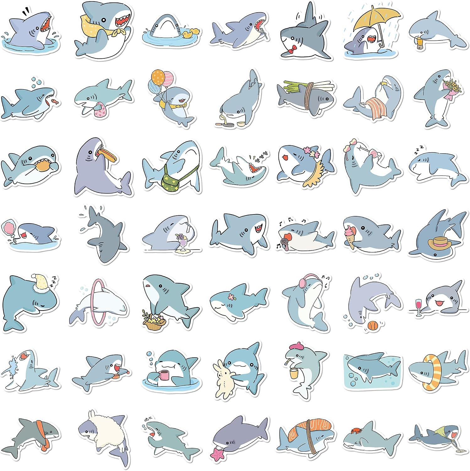 50pcs Cute Cartoon Shark Stickers, Waterproof PVC Vinyl Decals, Kawaii Ocean Sea Shark Animals Sticker for Water Bottles Laptops Scrapbook Kids Boys Adults