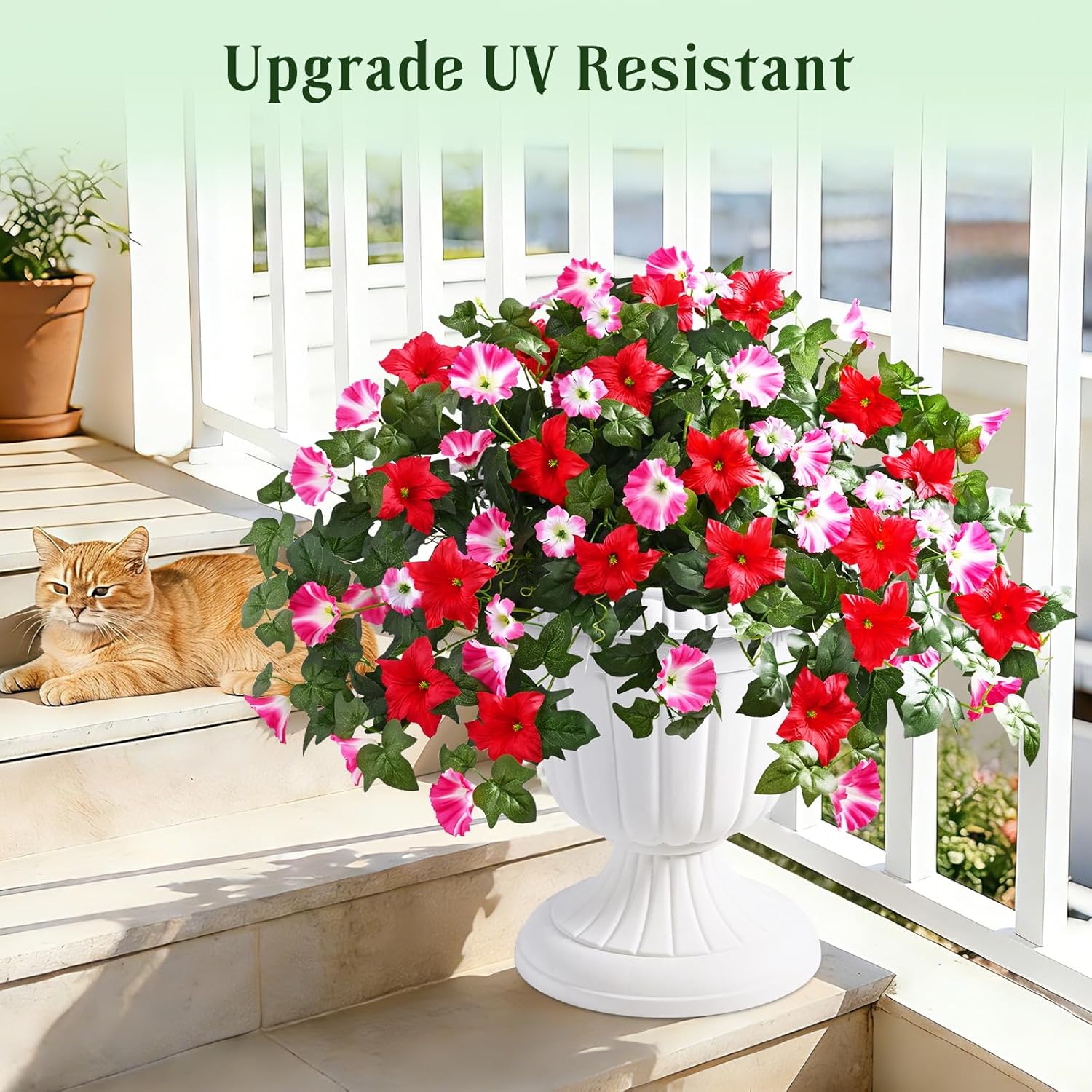 Artificial Flowers for Outdoors, 2PCS Mixed Red Pink Artificial Petunias UV Resistant Fake Flowers, Realistic Outdoor Faux Silk Flowers Plants for Outside Garden Porch Patio Spring Summer Decor - Image 5