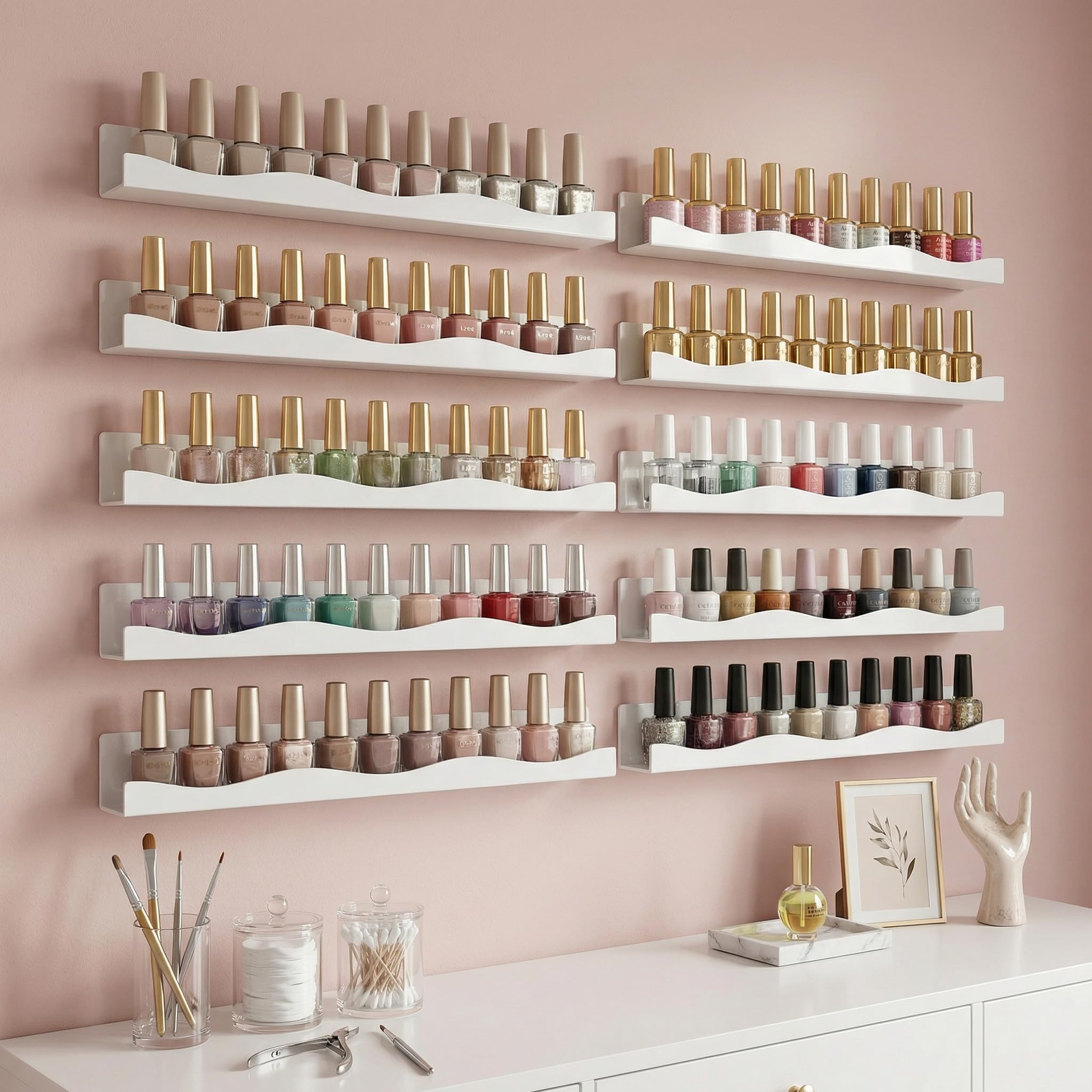 YMVV Estantes de esmalte de uñas de 15 pulgadas, estante montado en la pared, paquete de 6 organizadores de esmalte de uñas acrílico blanco, suministros de uñas para técnicas de uñas, gran exhibición