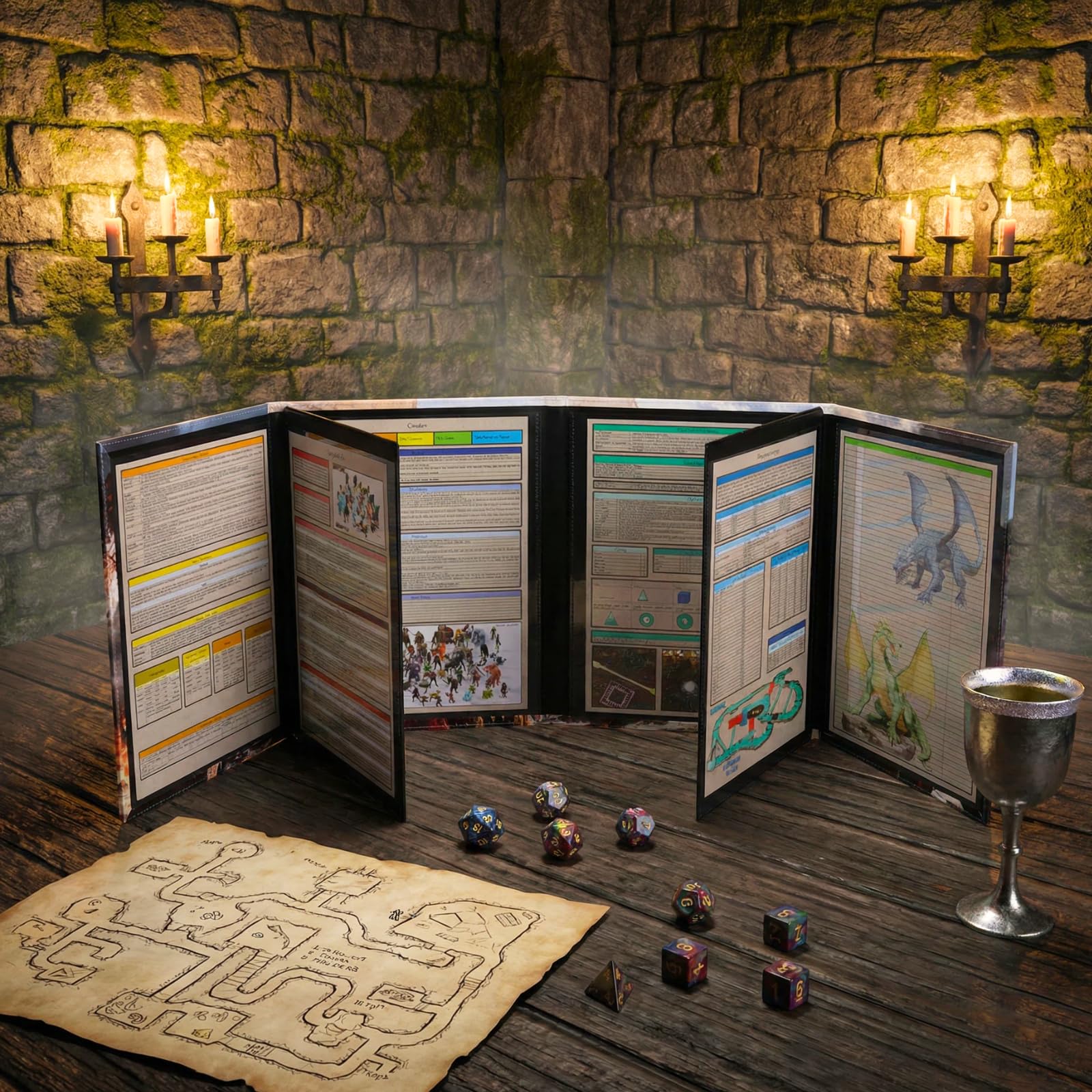 DND DM Screen pittura a olio effetto rilievo 8 pannelli con 2 tasche cancellabili a umido oscillanti e fogli per trucchi Dungeon Master Accessori Dungeon Master Dungeons and Dragons 5e Schermo GM D&D