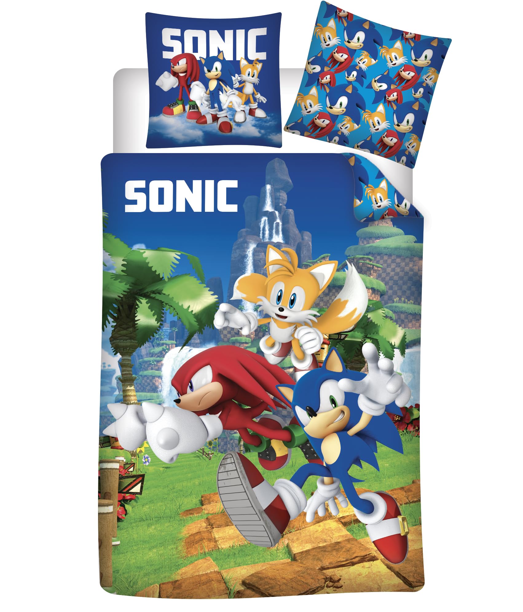Brandmac Blue Sonic The Hedgehog Bedding Set – 100% Cotton – Duvet Cover 140 X 200 Cm + Pillowcase 65 X 65 Cm With Sonic Tails And Knuckles