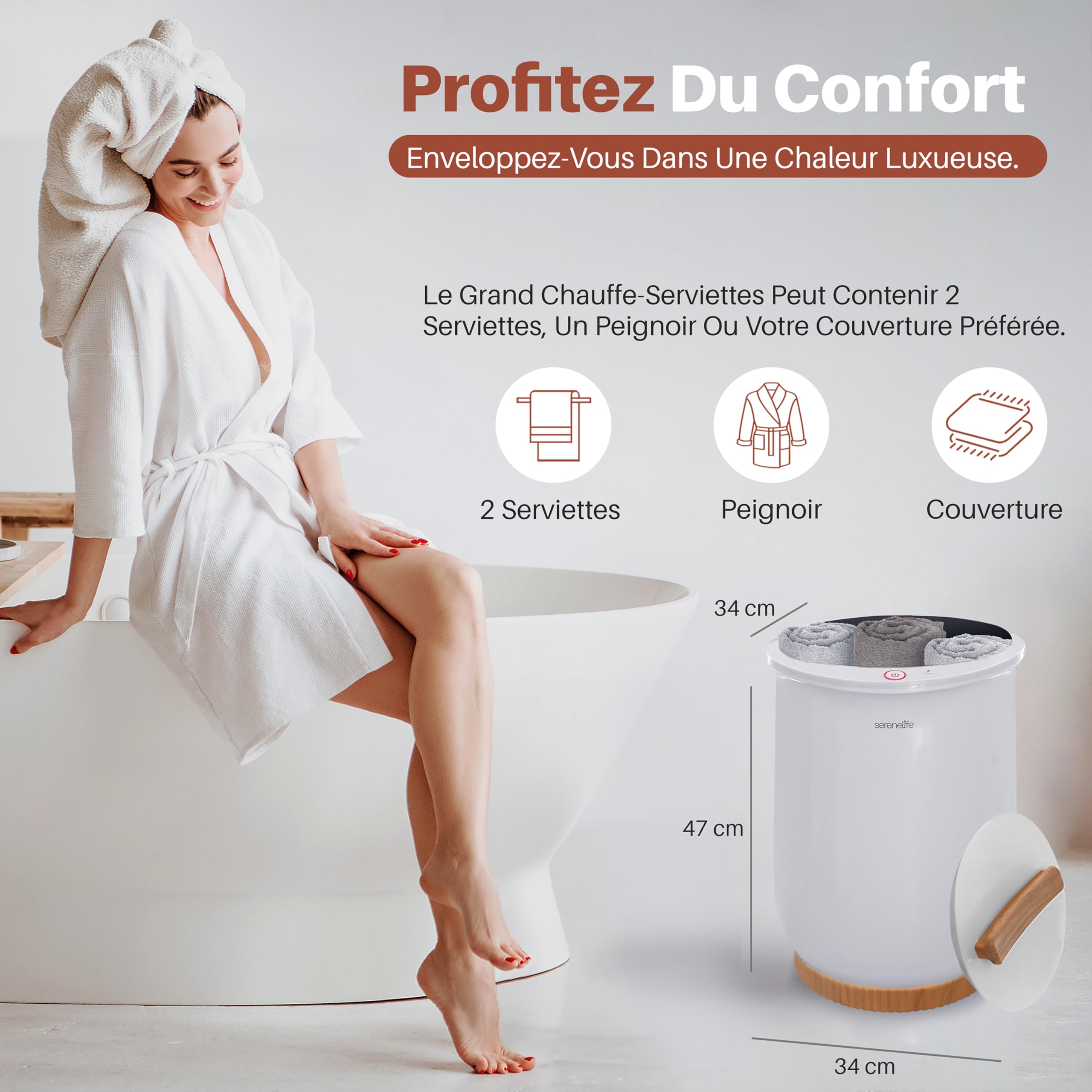SereneLife Chauffe-Serviettes de Luxe 20L – Seau Chauffant pour Salle de Bain avec Arrêt Automatique, Capacité 2 Grandes Serviettes, Convient aux Peignoirs et Pyjamas
