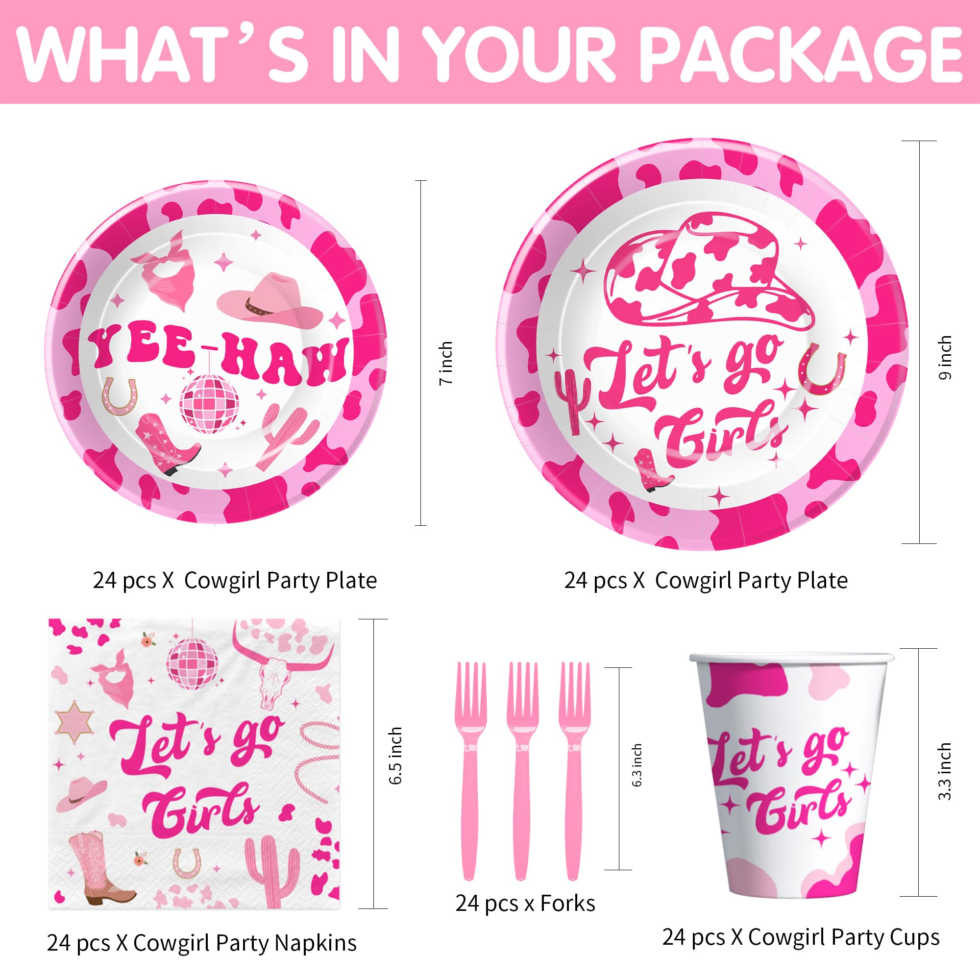 Xenorik Cowgirl Theme Let's Go Girls Party Tableware Decorations - Hot Pink Disco Cowgirl Party Supplies Dinnerware For Birthday Bachelorette, Dinner Plate, Dessert Plate, Cup, Napkin, Fork | Serve 24