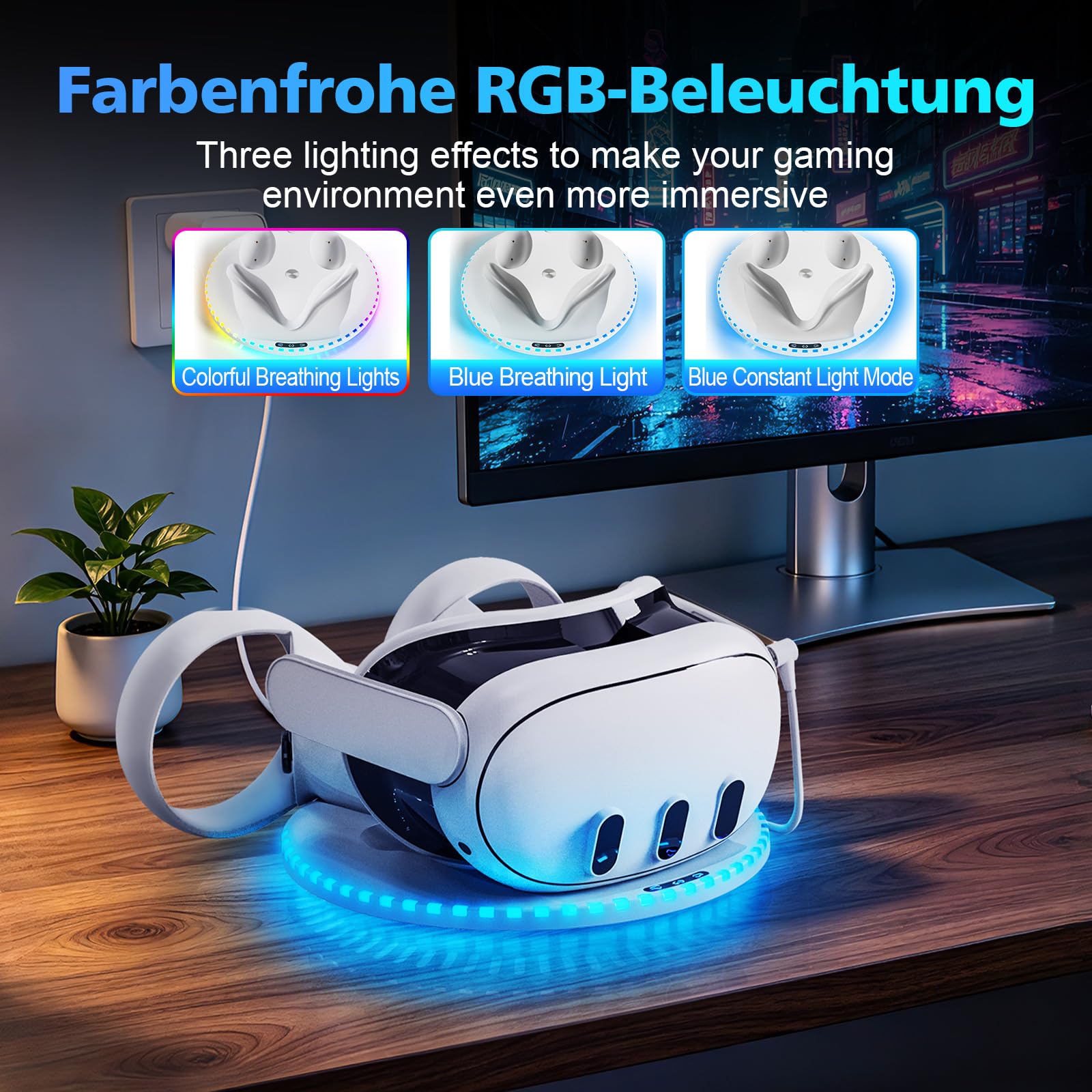 Stazione di ricarica per Meta Quest 2/3/3S, Bianco, Dock di ricarica rapida con illuminazione RGB per controller, supporto per visore VR e controller, 2 batterie ricaricabili