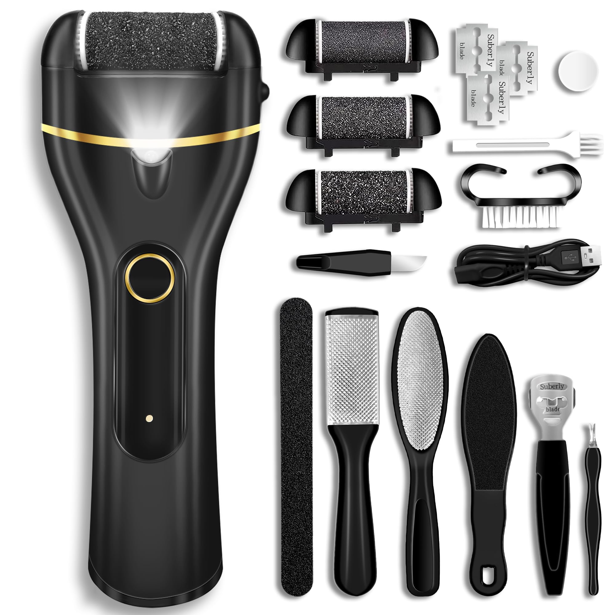 Callus Remover for Feet Electric Foot Callus Remover Waterproof with 3 Rollers 2 Speed Battery Display 17 in1