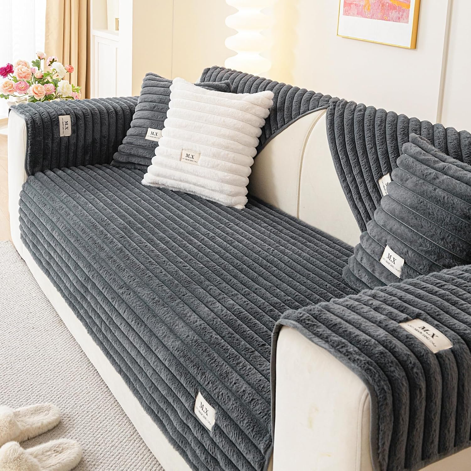 Plush Warm Sofa Covers Washable, Sectional Couch Covers for 4-Seater Pet Friendly, Funny Fuzzy Couchs Cover for Dogs, Non-Slip Dog Couch Cover Protector(1PC, Dark Grey, 35.4"×83") Striped Dark Grey 1PC/36"x82"/4-Seater