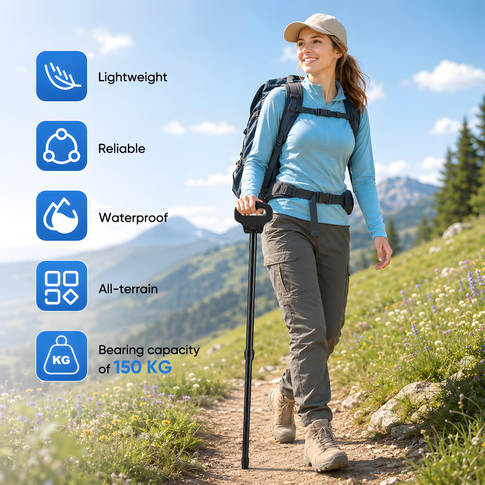 Canne de marche avec siège, canne pliante pour seniors, idéale pour les activités de plein air et les voyage, Canne de marche pliante avec siège, 150 kg, avec sac de transport, canne de marche pliante